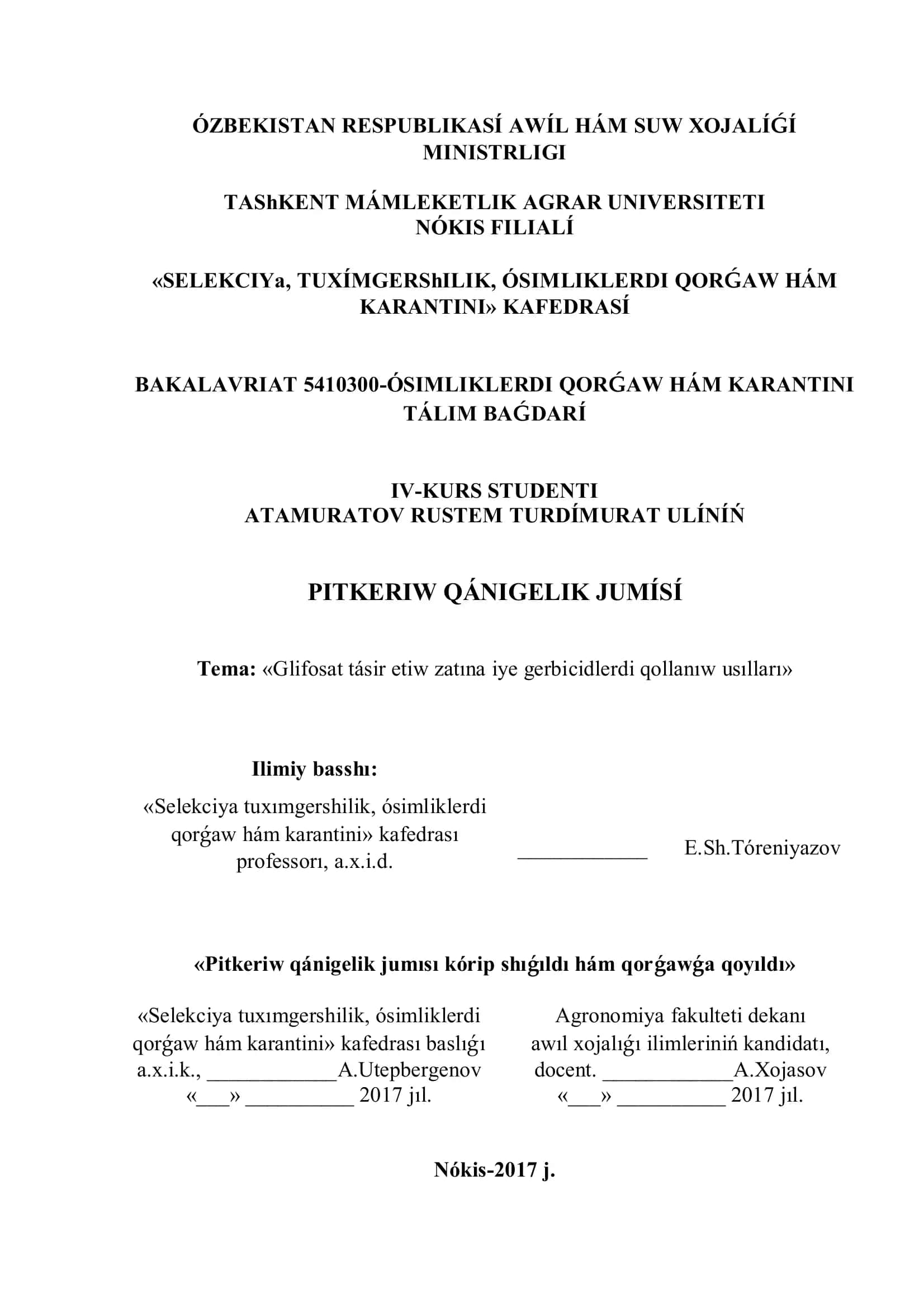 BAKALAVRIAT 5410300-ÓSIMLIKLERDI QORǴAW HÁM KARANTINI TÁLIM BAǴDARÍ