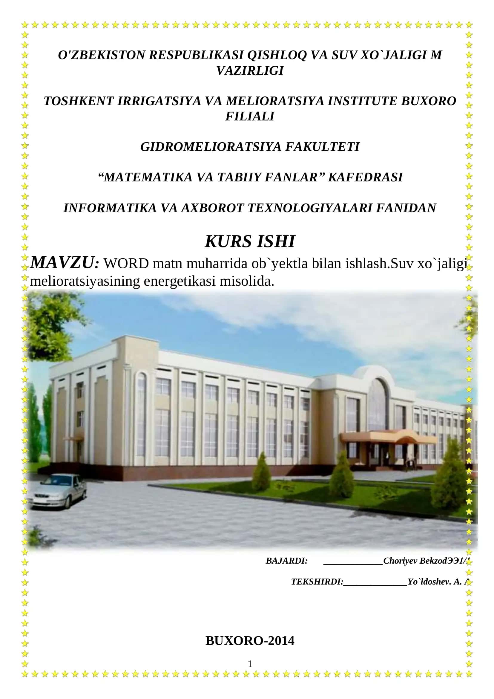 WORD matn muharrida ob'ektla bilan ishlash.Suv xo'jaligi melioratsiyasining energetikasi misolida