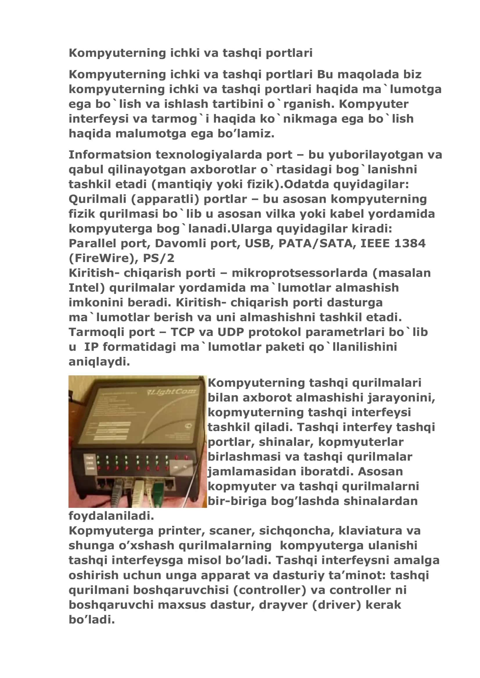 Kompyuterning ichki va tashqi portlari
