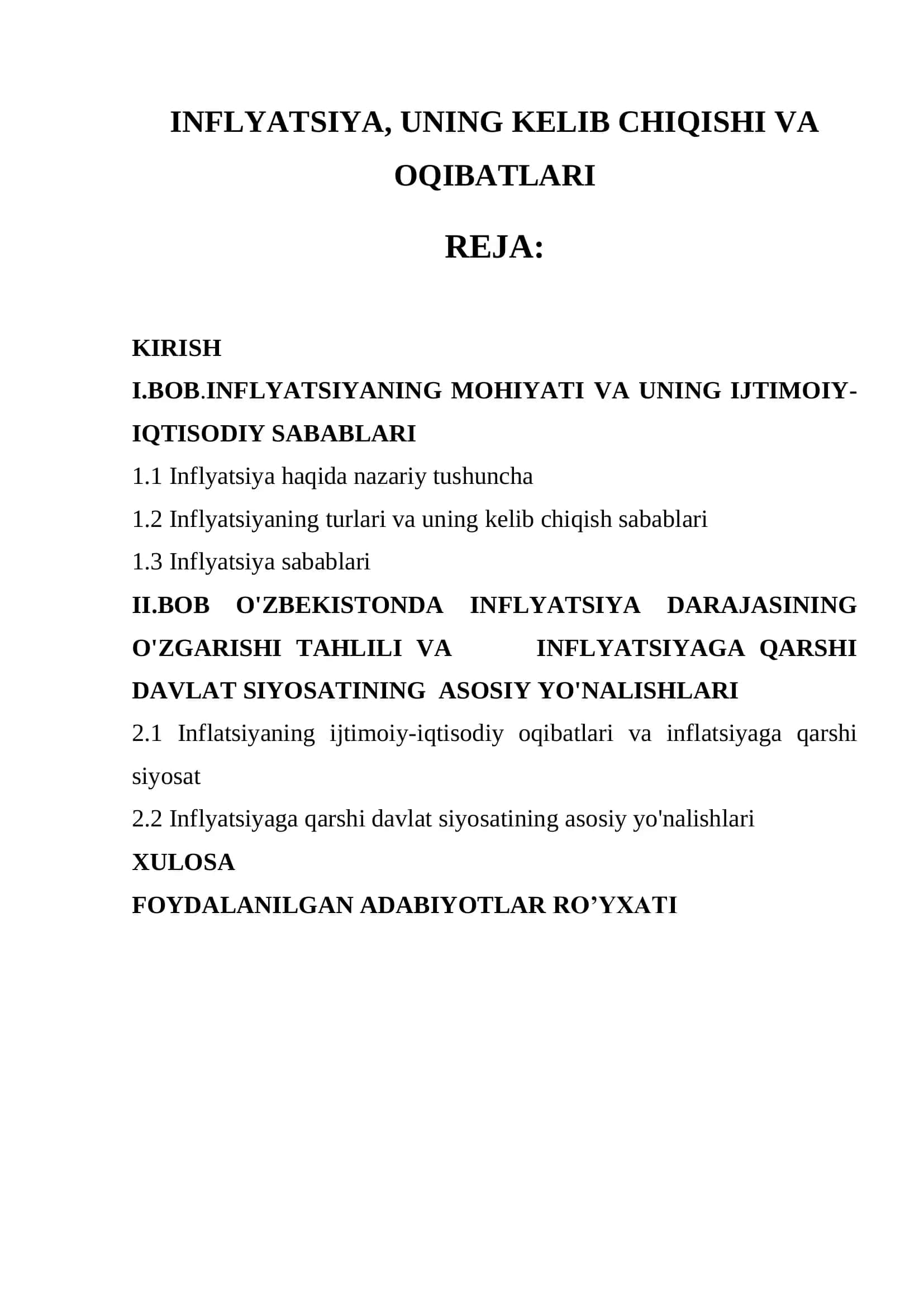 “Inflyatsiya, uning kelib chiqishi va oqibatlari” — tayyor kurs ishi (PDF)