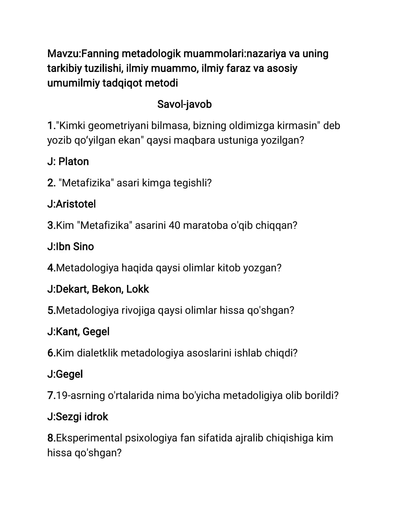 Fanning metadologik muammolari:nazariya va uning tarkibiy tuzilishi