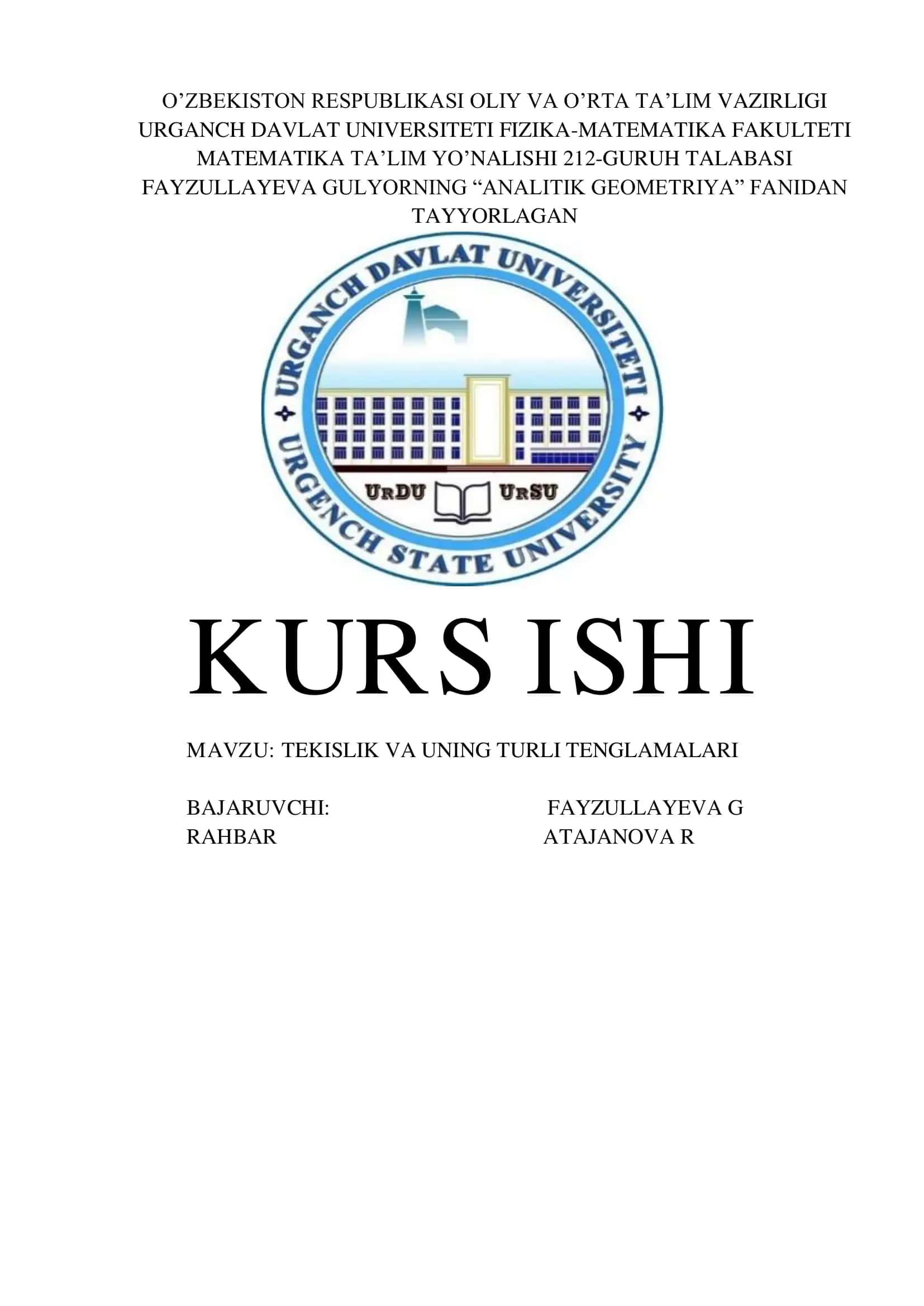 TEKISLIK VA UNING TURLI TENGLAMALARI