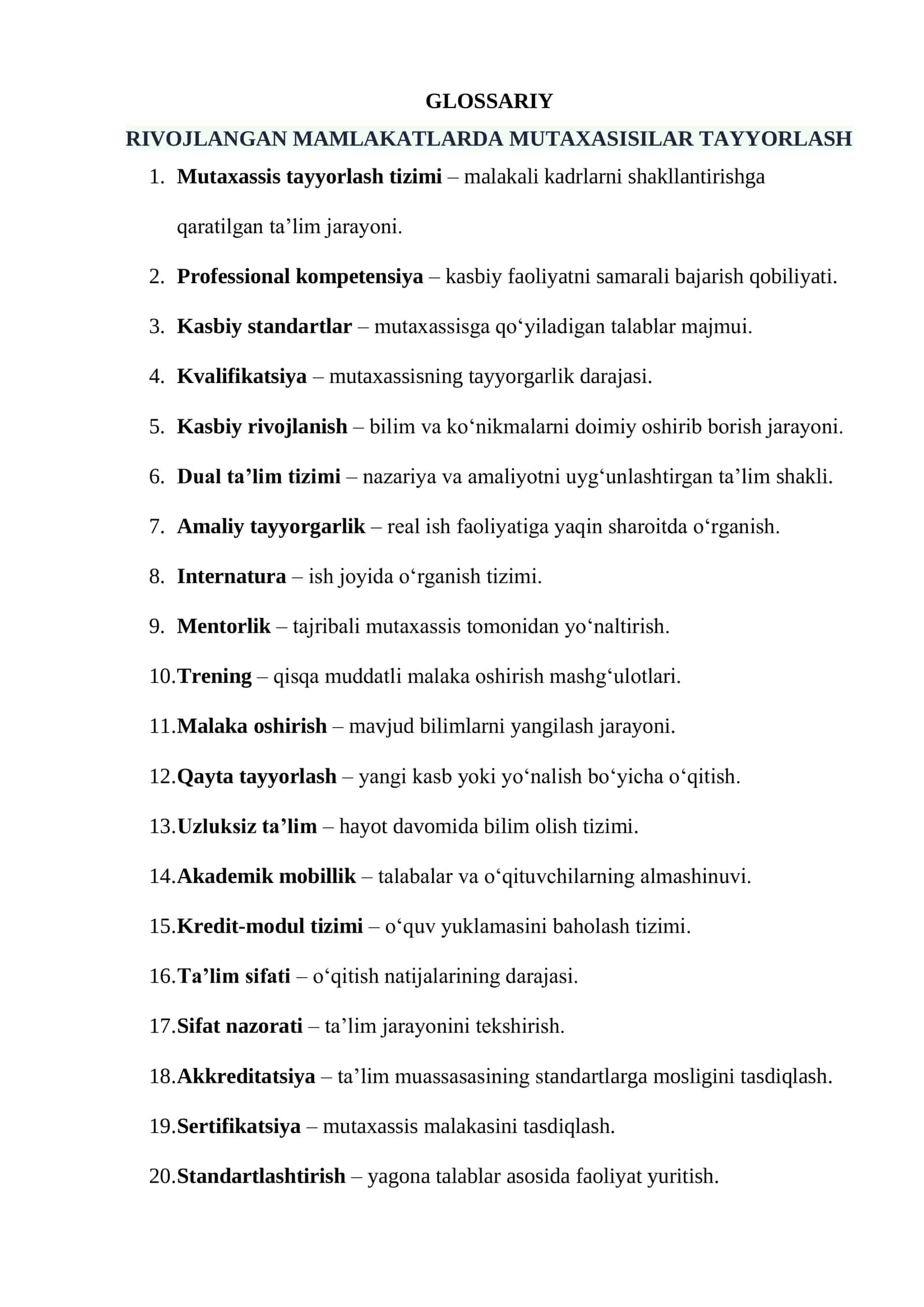 RIVOJLANGAN MAMLAKATLARDA MUTAXASISILAR TAYYORLASH
