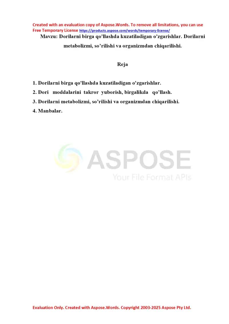 Dorilarni birga qo'llashda kuzatiladigan o'zgarishlar. Dorilarni metabolizmi, so’rilishi va organizmdan chiqarilishi. Referat 7 bet.