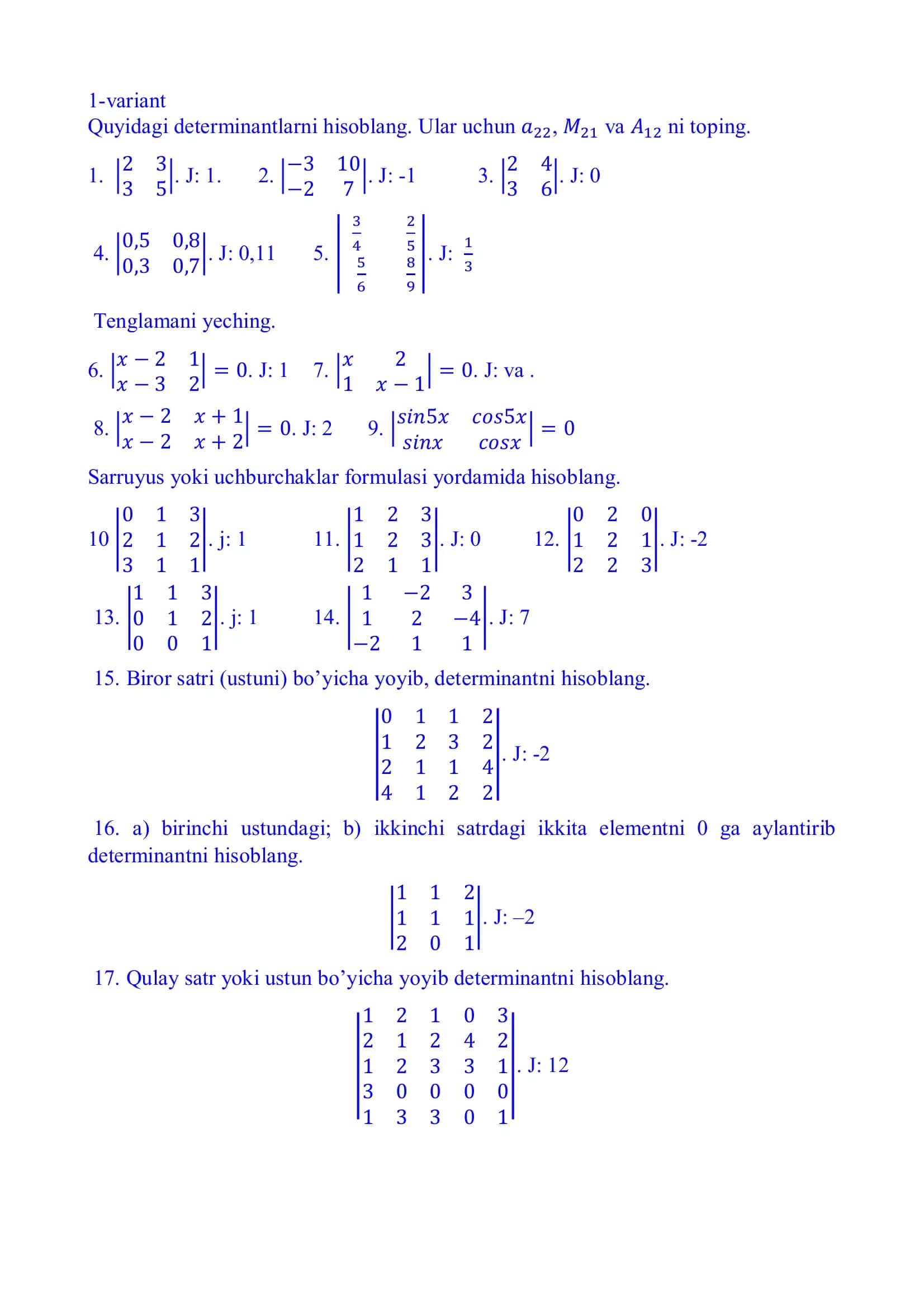 Determinantlarni hisoblashda doir 1000 ta variant