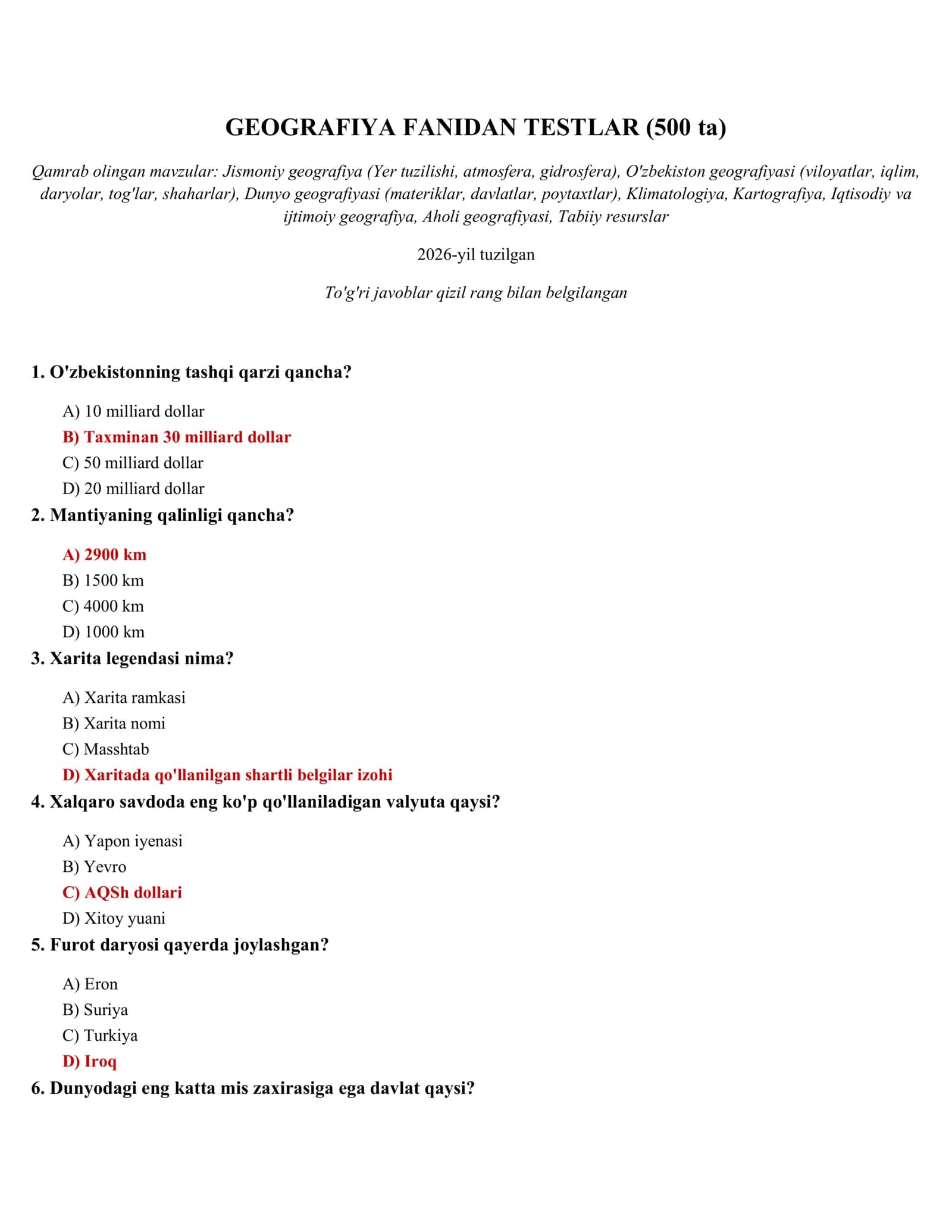 GEOGRAFIYA FANIDAN TESTLAR (500 ta)