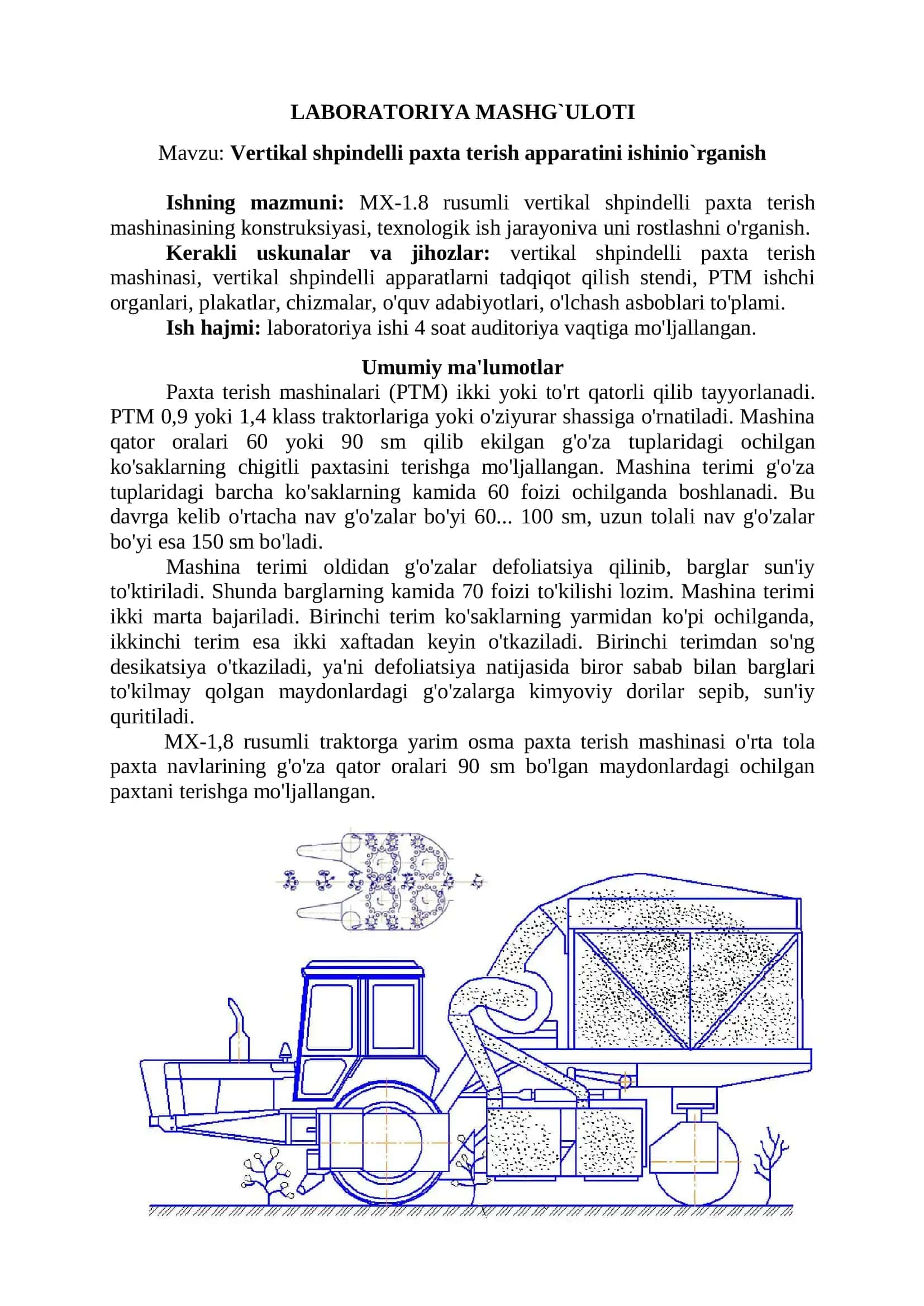 Vertikal shpindelli paxta terish apparati