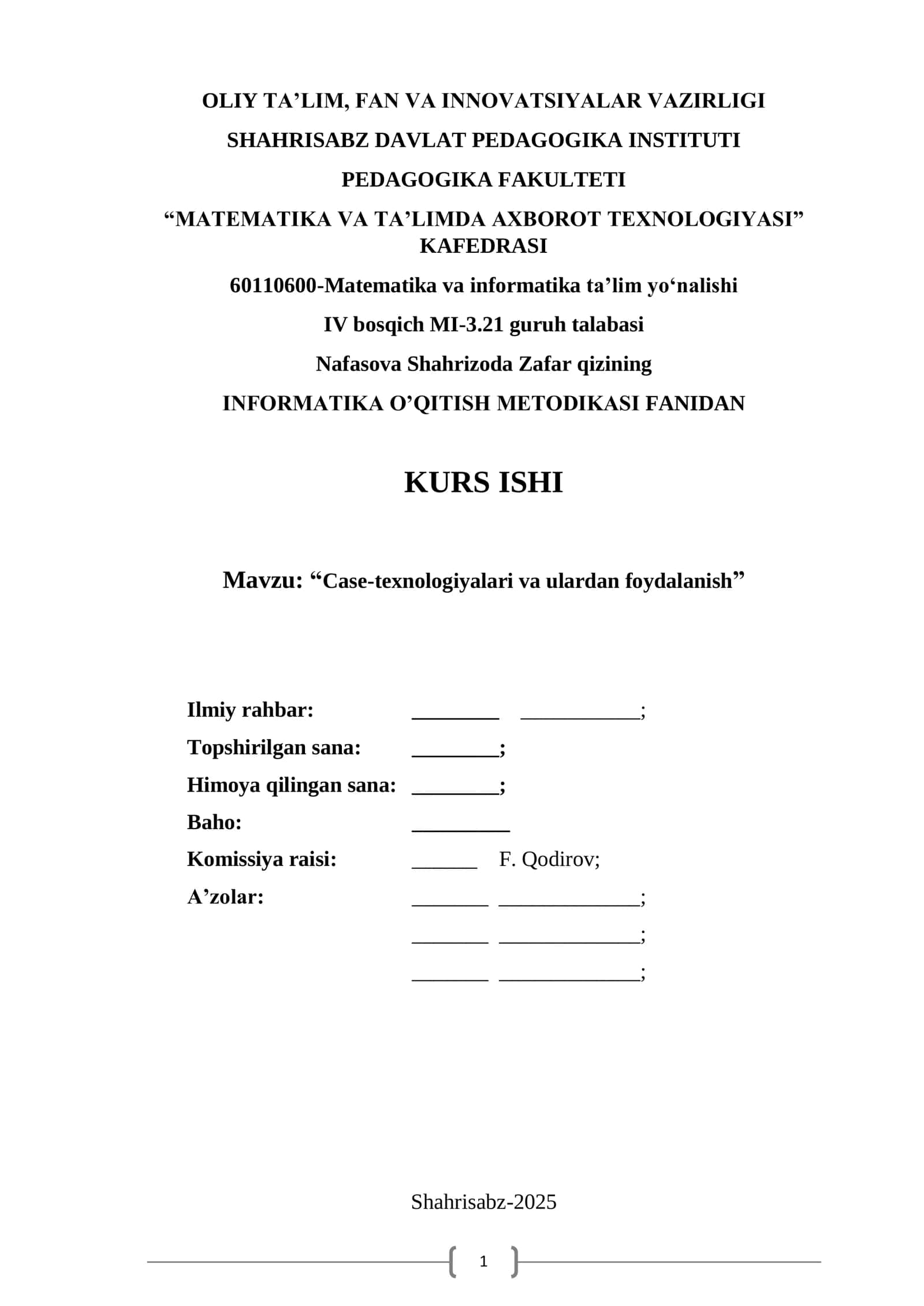 INFORMATIKA O‟QITISH METODIKASI FANIDAN KURS ISHI