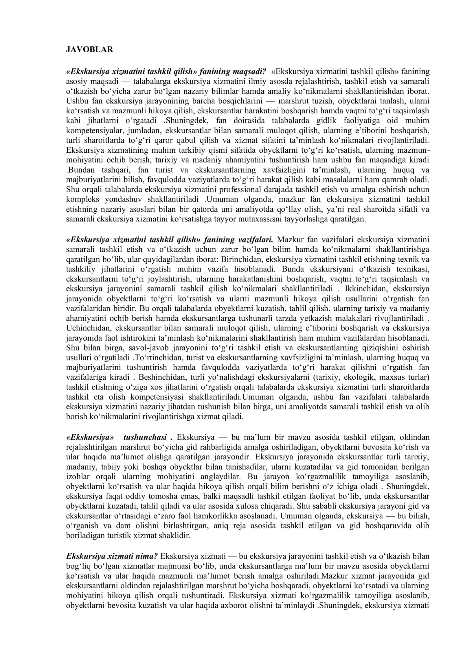 Ekskursiya xizmatini tashkil qilish