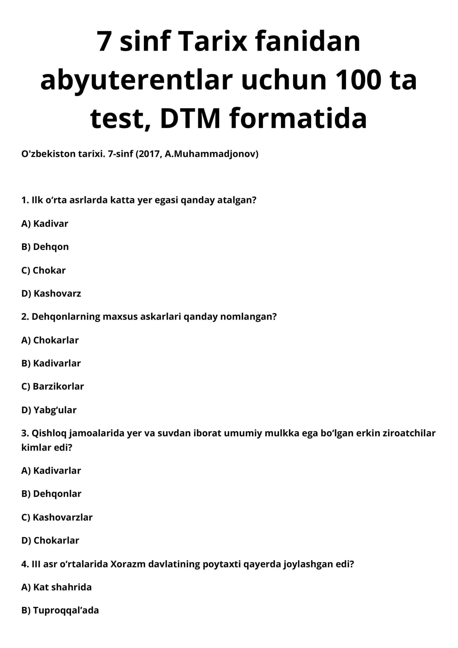 7 sinf Tarix fanidan abyuterentlar uchun DTM FORMATIDA KALITI BILAN