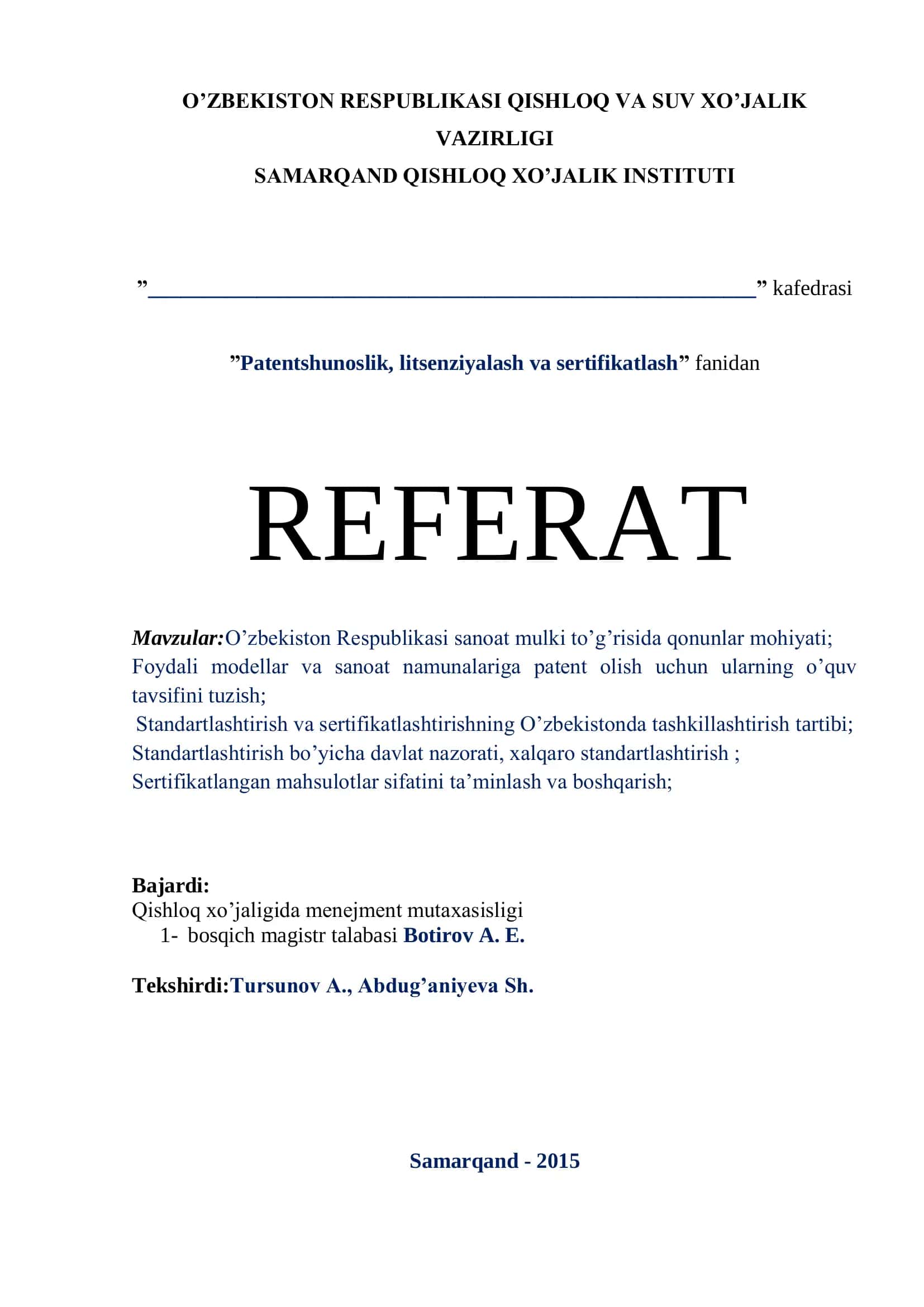 O’zbekiston Respublikasi sanoat mulki to’g’risida qonunlar mohiyati