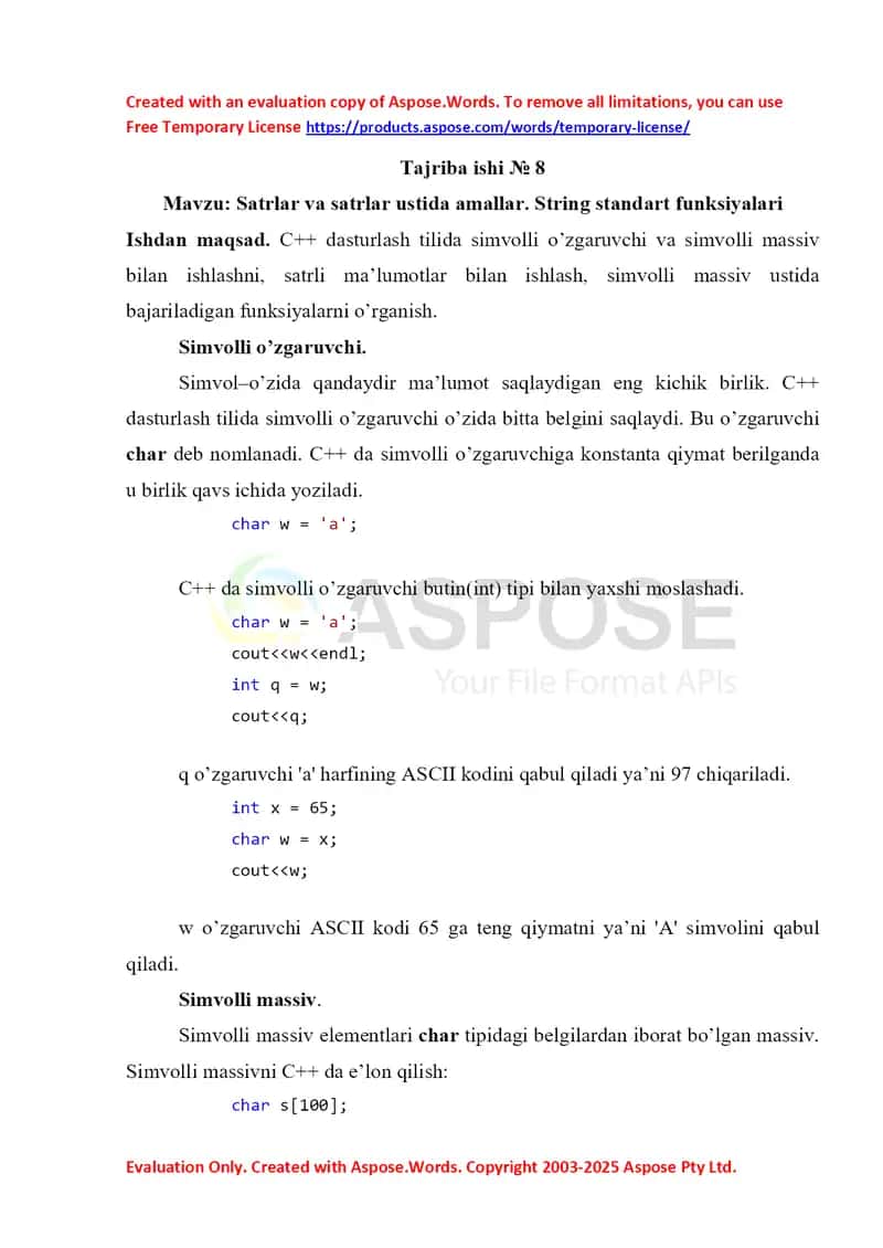 Satrlar va satrlar ustida amallar. String standart funksiyalari