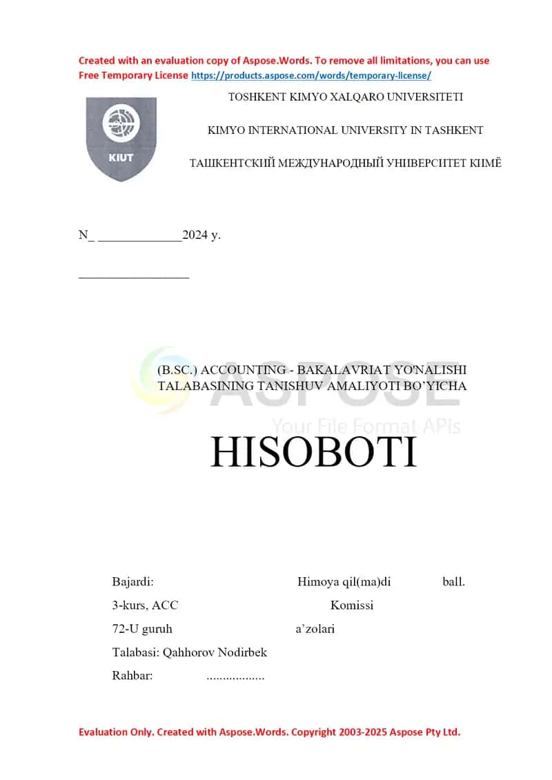 AMALIYOT HISOBOTI.• Tashkilot nomi: “RUSTAM FID KOMPLEKS” MCHJ• Tashkilot shakli: Mas’uliyati cheklangan jamiyat (MCHJ)
• Faoliyat turi: Sport ob’ektlari faoliyati