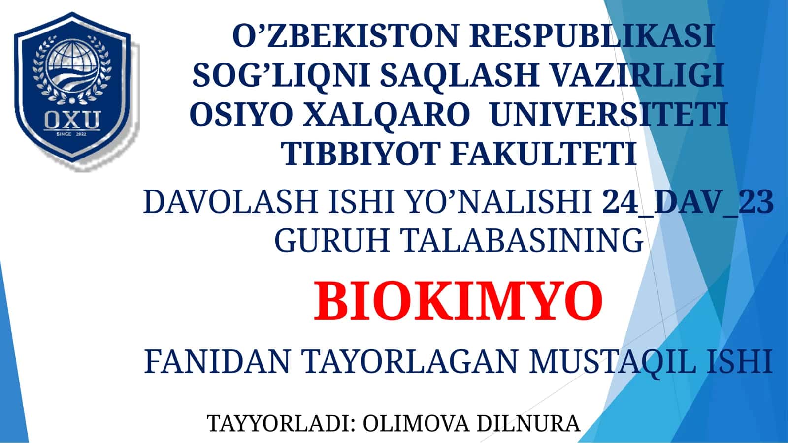 BIOKIMYO FANIDAN TAYORLAGAN MUSTAQIL ISHI