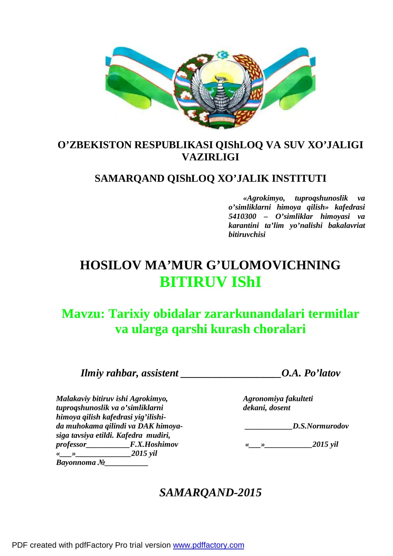 Tarixiy obidalar zararkunandalari termitlar va ularga qarshi kurash choralari