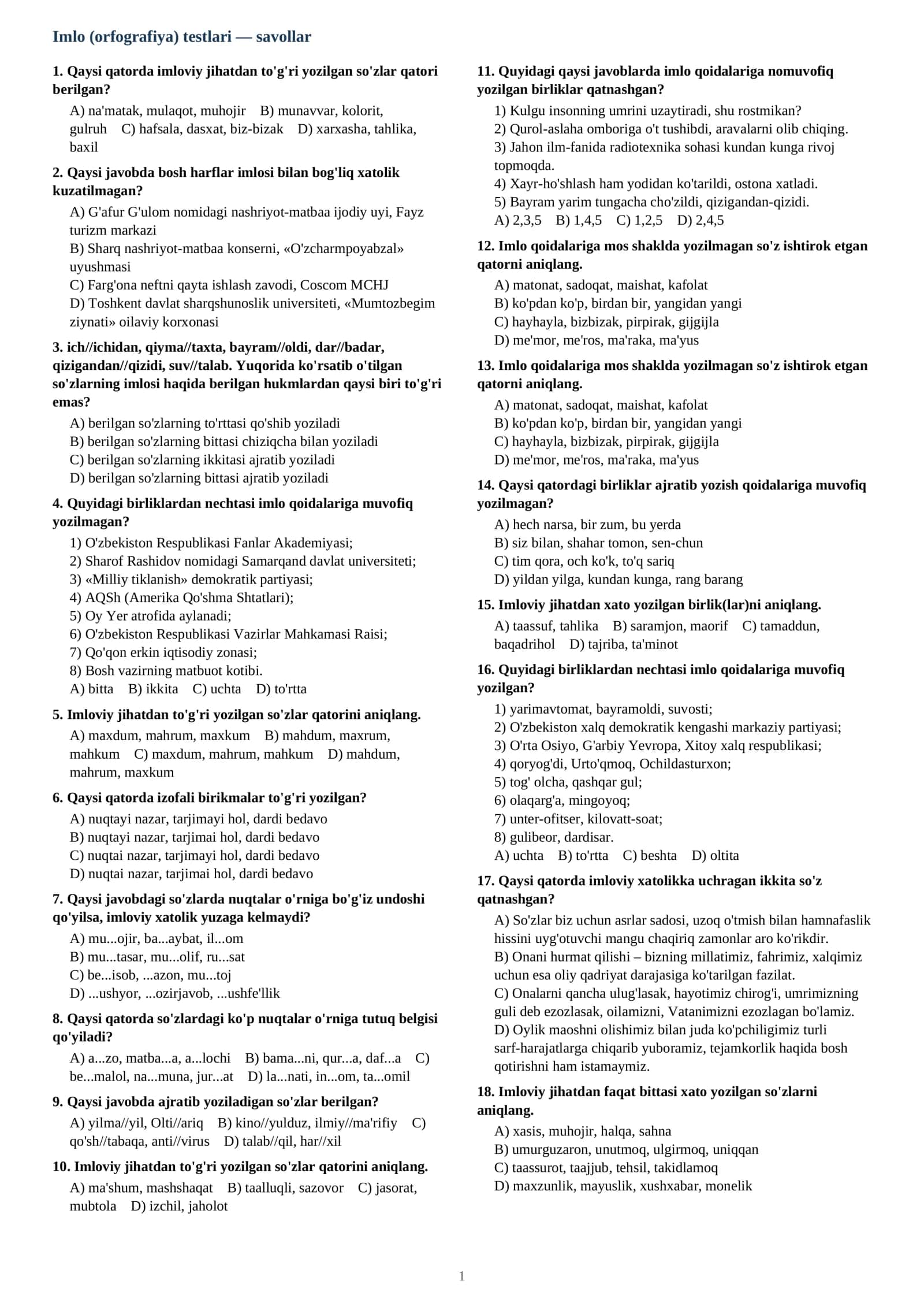 Imlo (orfografiya) testlari — savollar