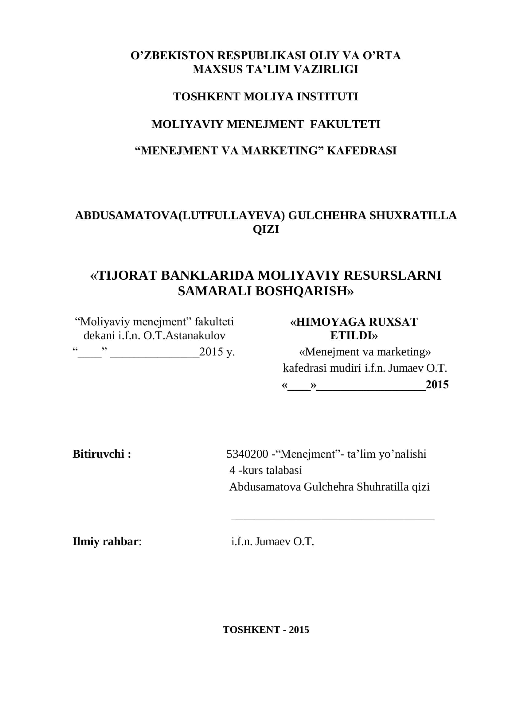 TIJORAT BANKLARIDA MOLIYAVIY RESURSLARNI SAMARALI BOSHQARISH