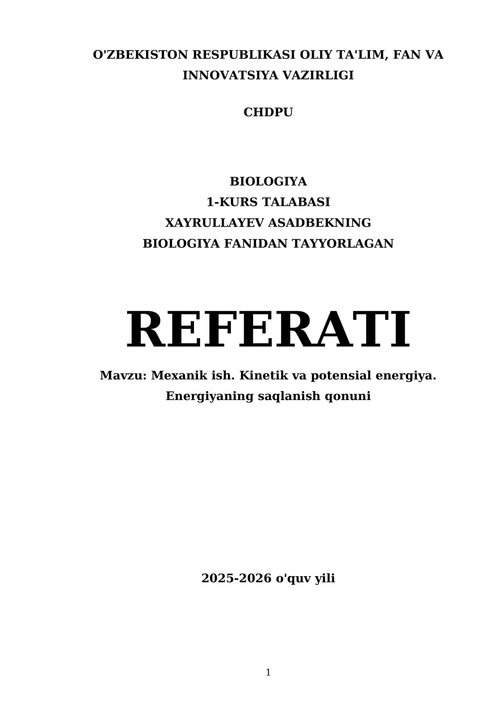 BIOLOGIYA FANIDAN TAYYORLAGAN REFERATI