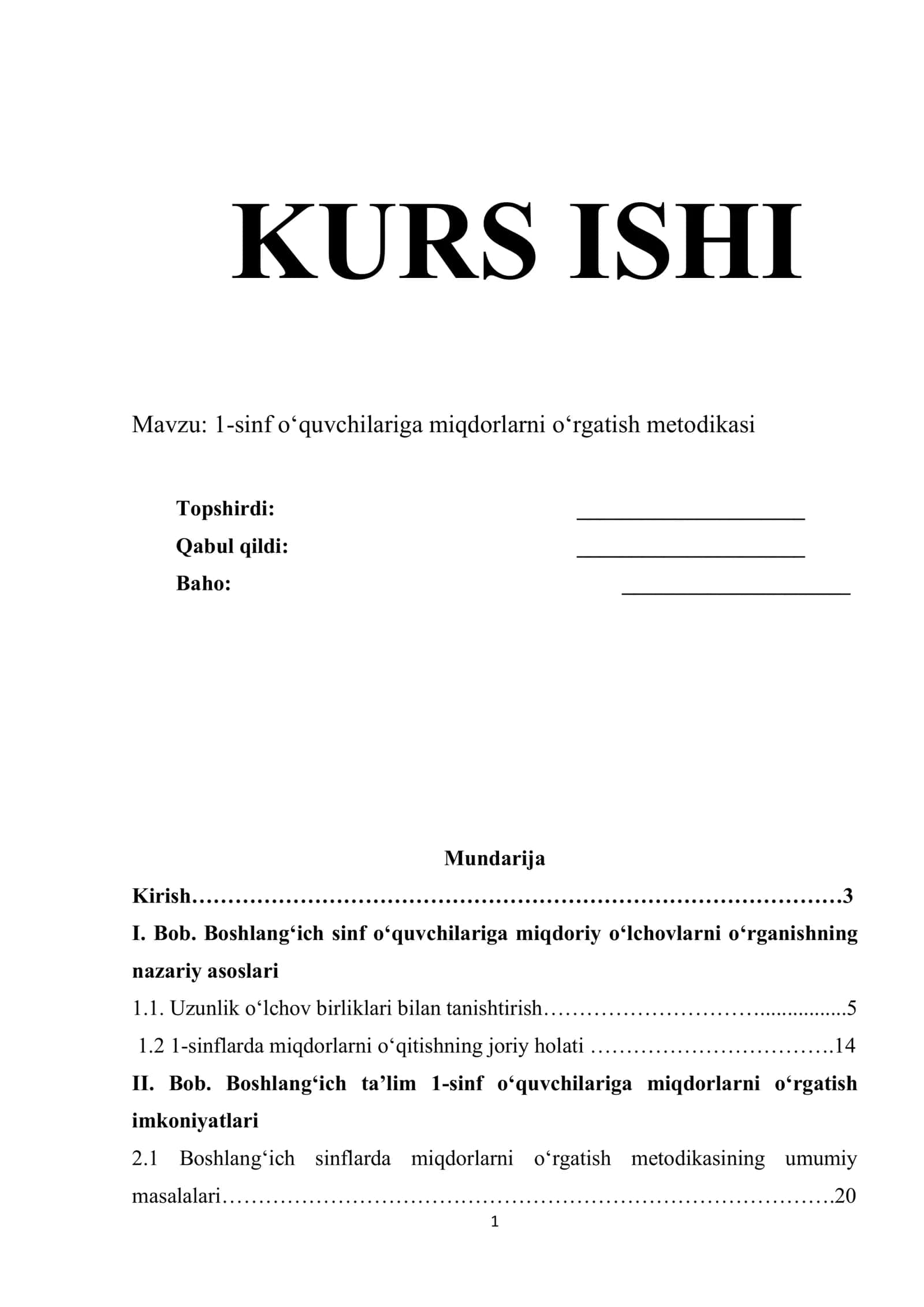1-sinf o‘quvchilariga miqdorlarni o‘rgatish metodikasi