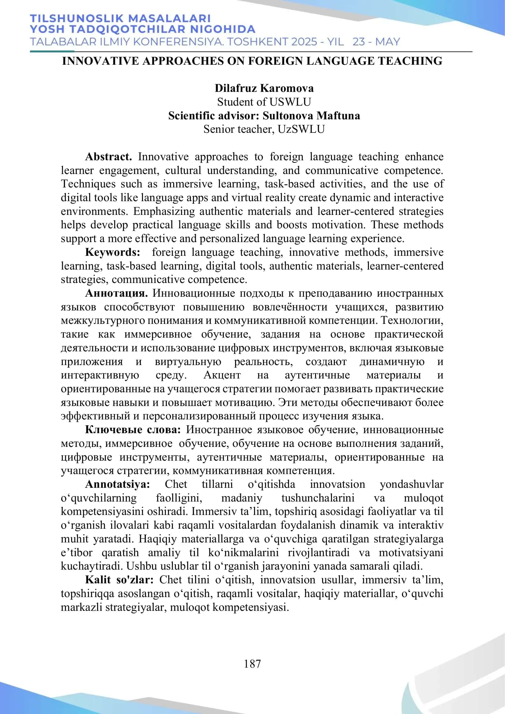 Innovative Approaches on Foreign Language Teaching