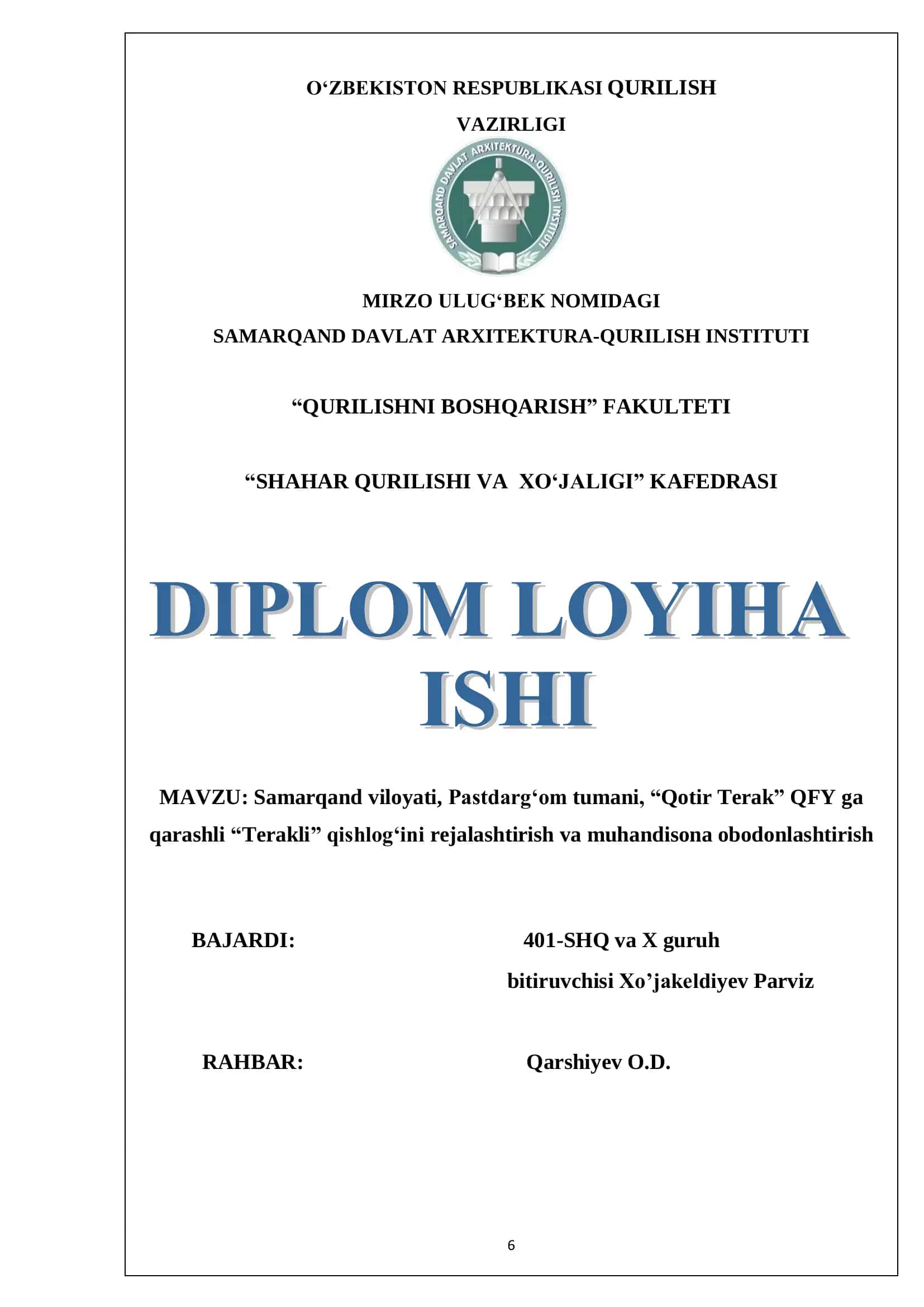 Terakli qishlog„ini rejalashtirish va muhandisona obodonlashtirish
