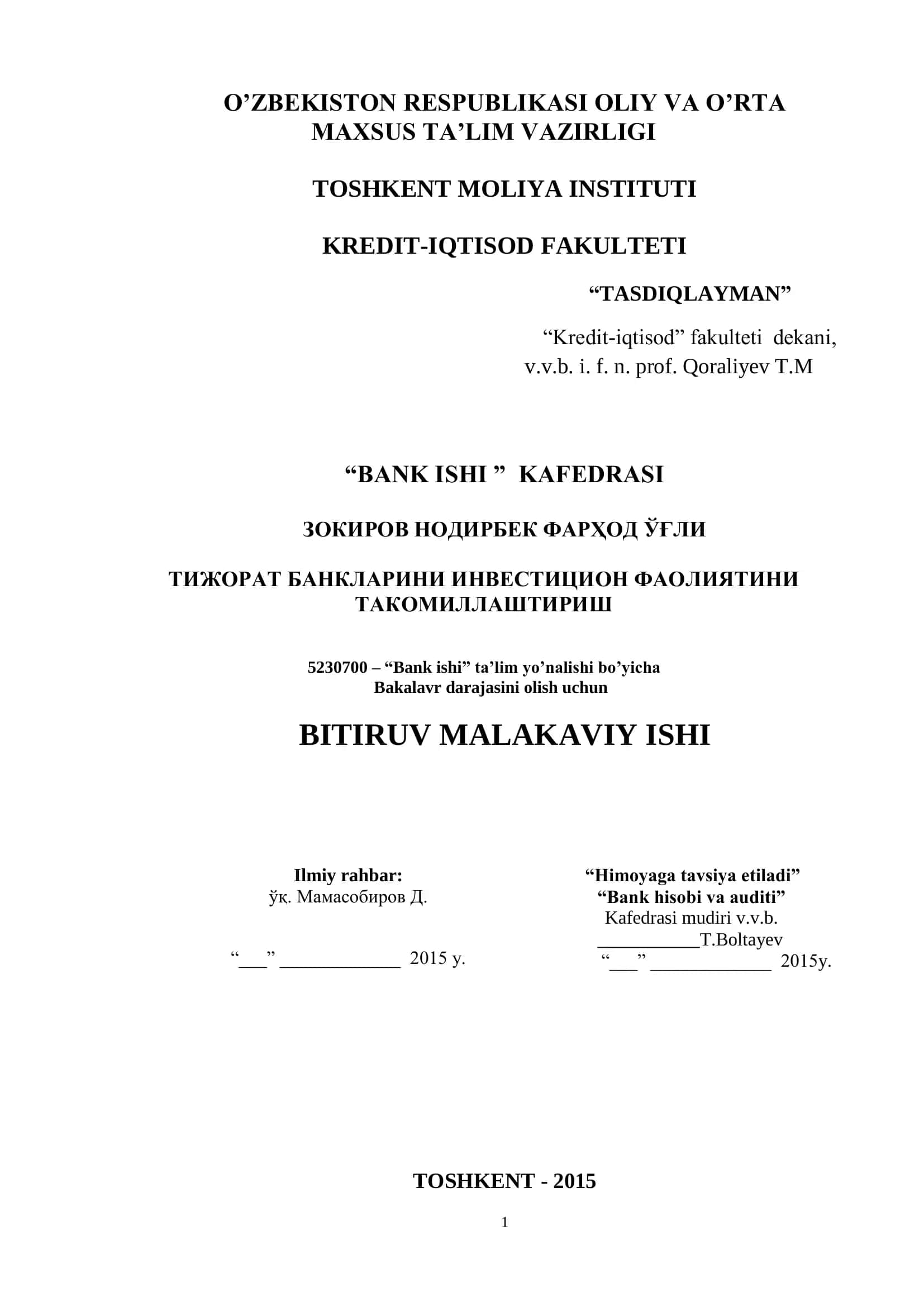 Tijorat Banklarining Investitsion Faoliyati va Uning Ahamiyati