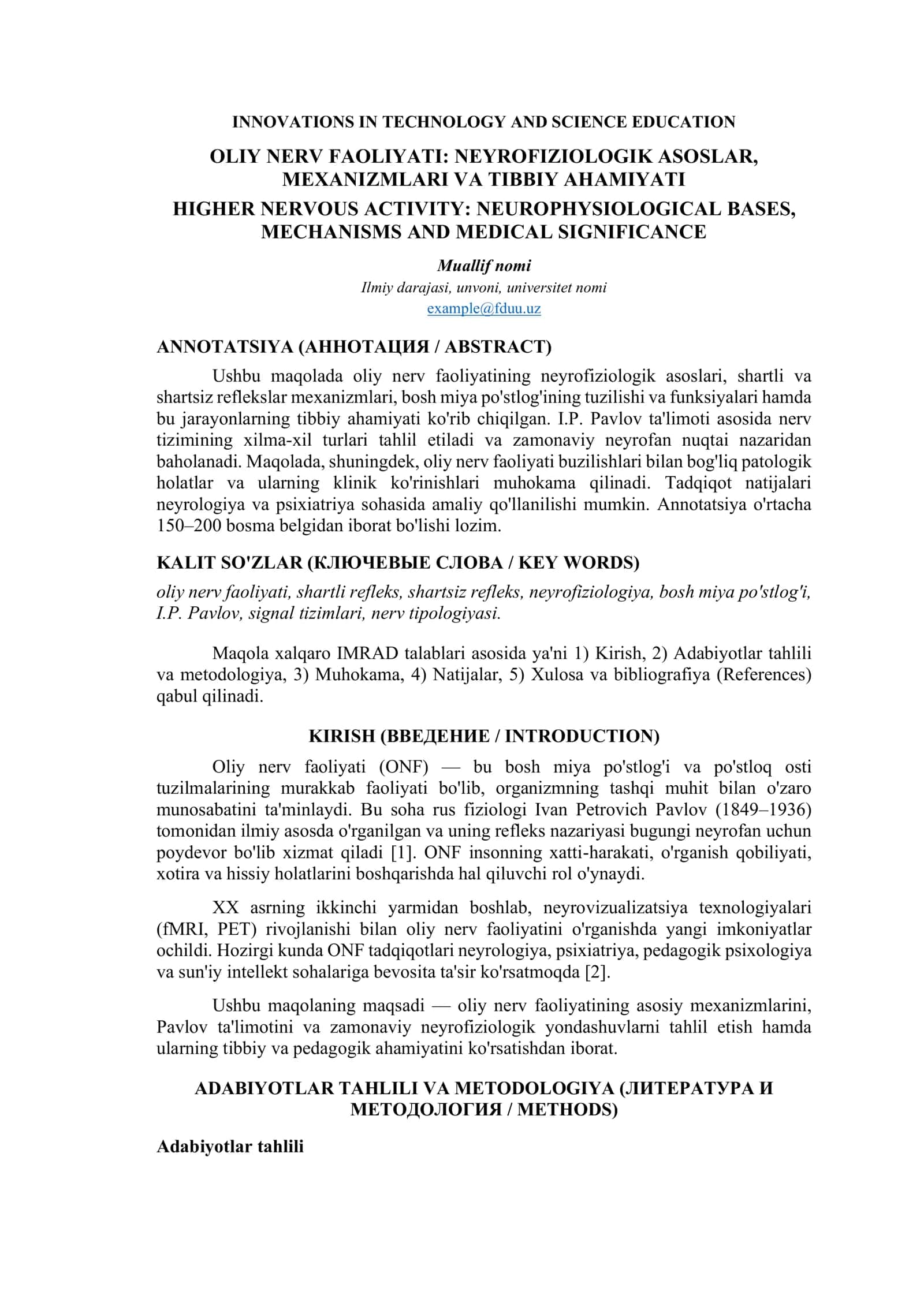 OLIY NERV FAOLIYATI: NEYROFIZIOLOGIK ASOSLARI, MEXANIZMLARI VA TIBBIY AHAMIYATI