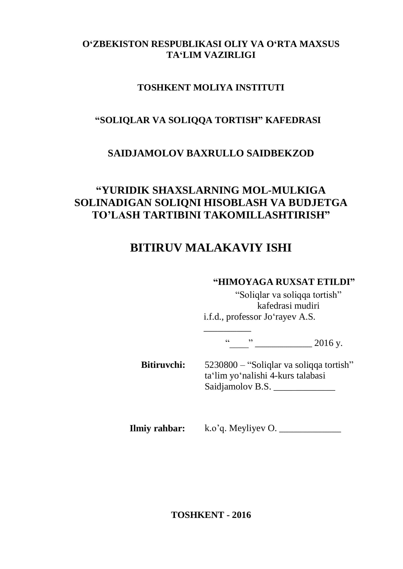 “Soliqlar va soliqqa tortish” Kafedrasi