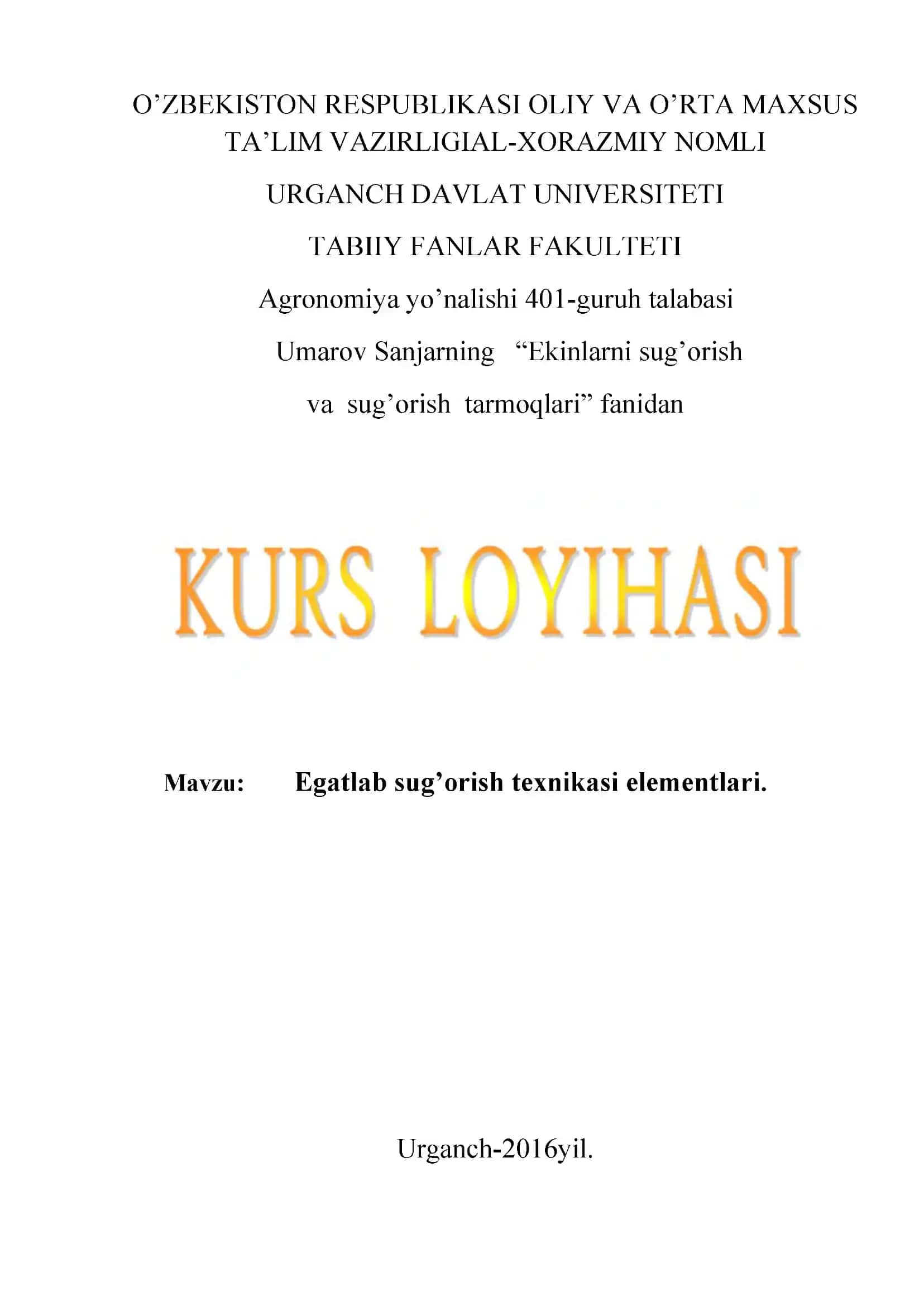Egatlab sug’orish texnikasi elementlari