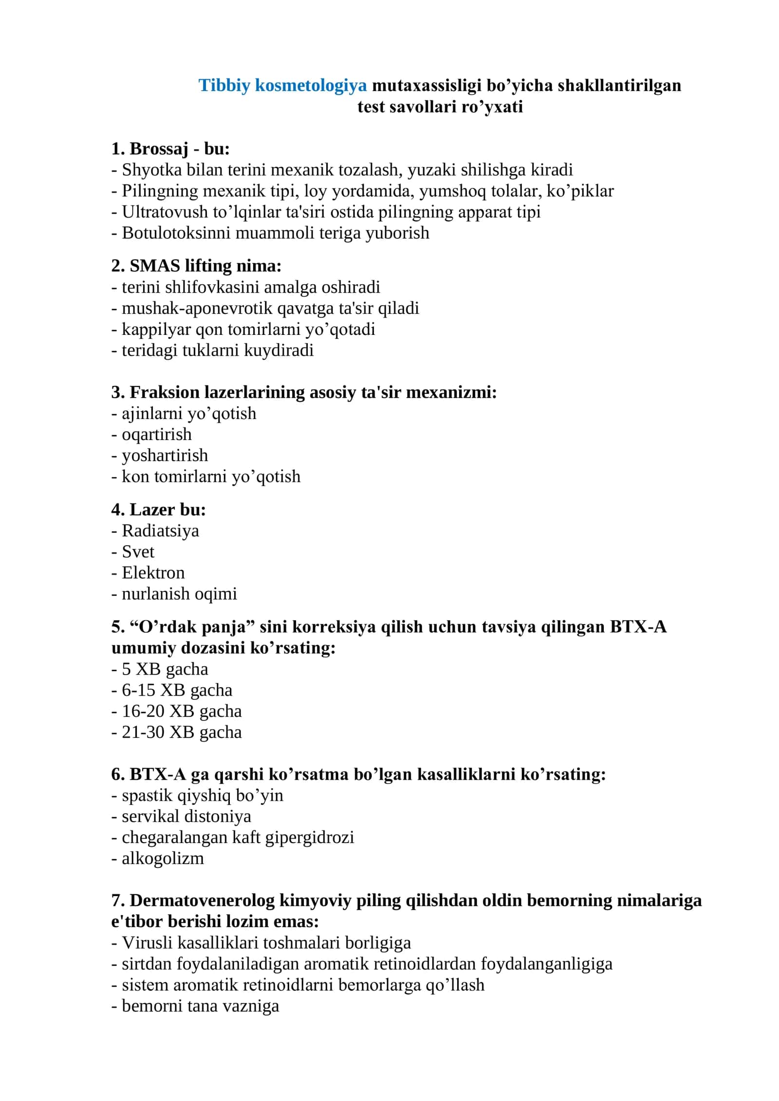 Tibbiy kosmetologiya mutaxassisligi test savollari 2026