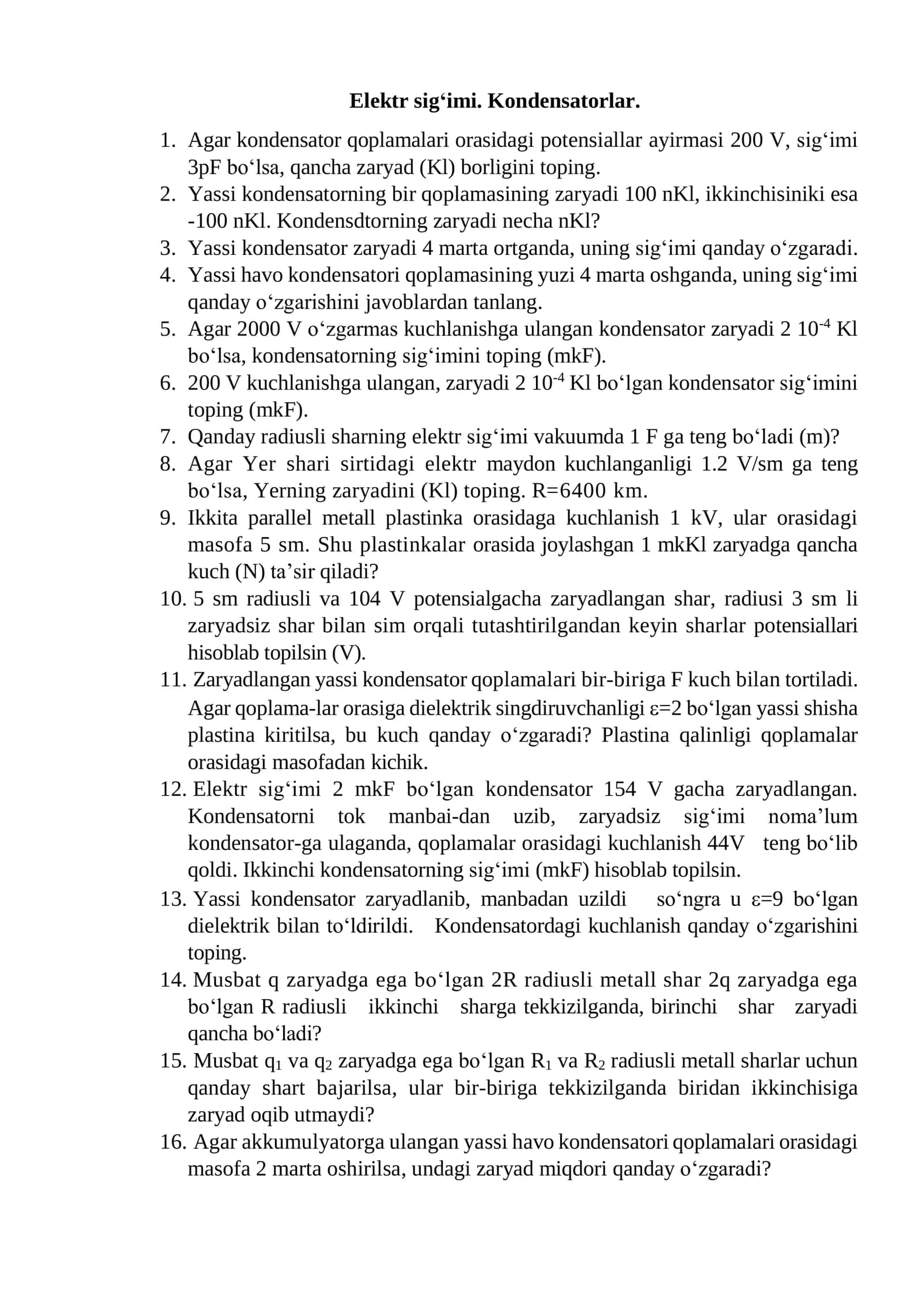Elektr sig‘imi. Kondensatorlar