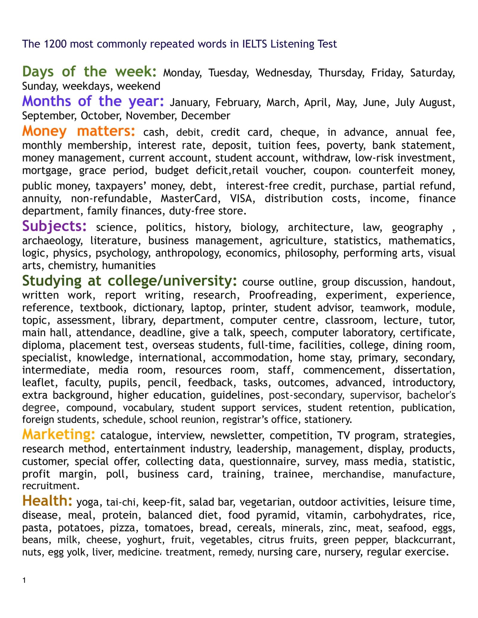 The 1200 most commonly repeated words in IELTS Listening Test