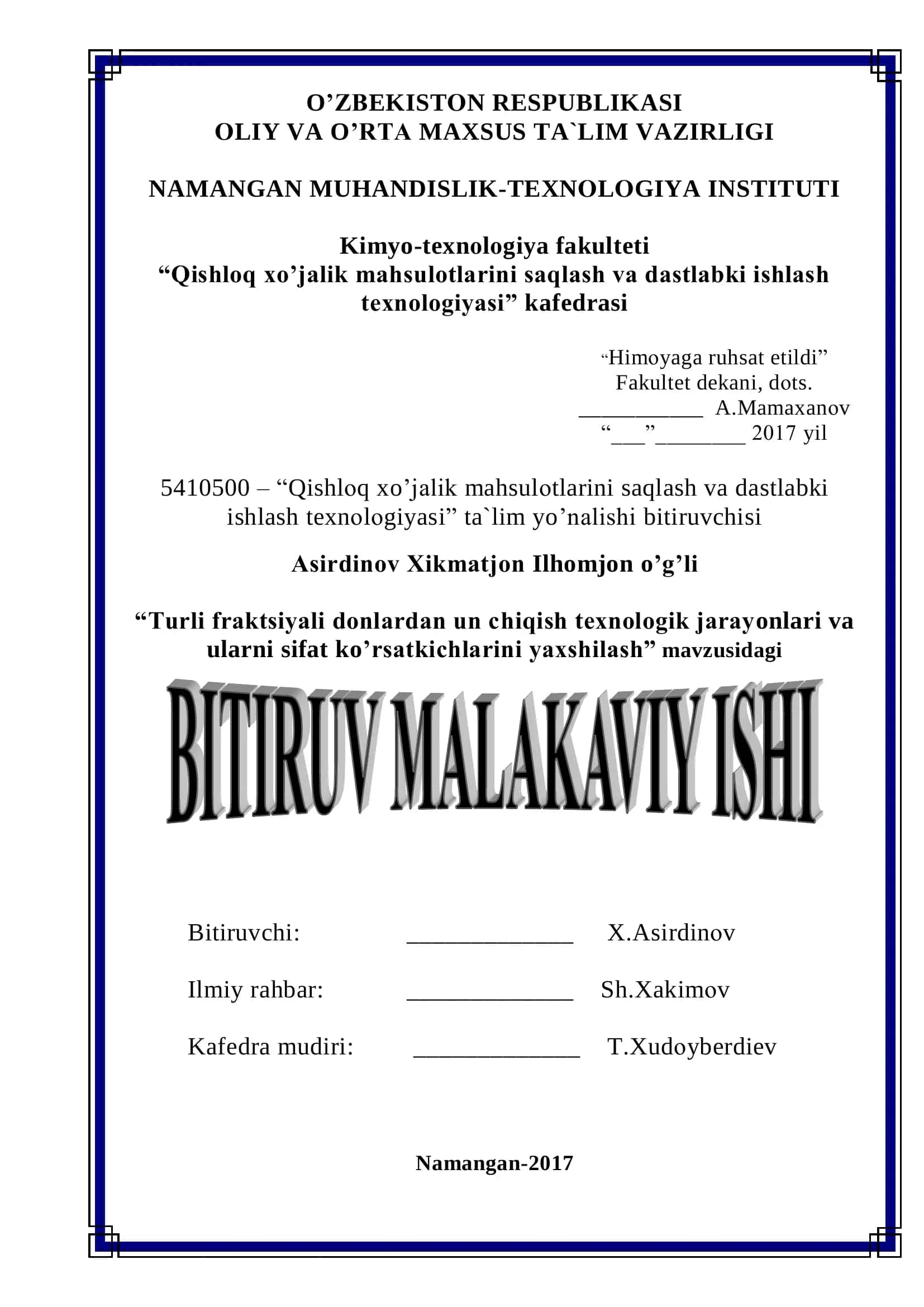 Qishloq xo'jalik mahsulotlarini saqlash va dastlabki ishlash texnologiyasi