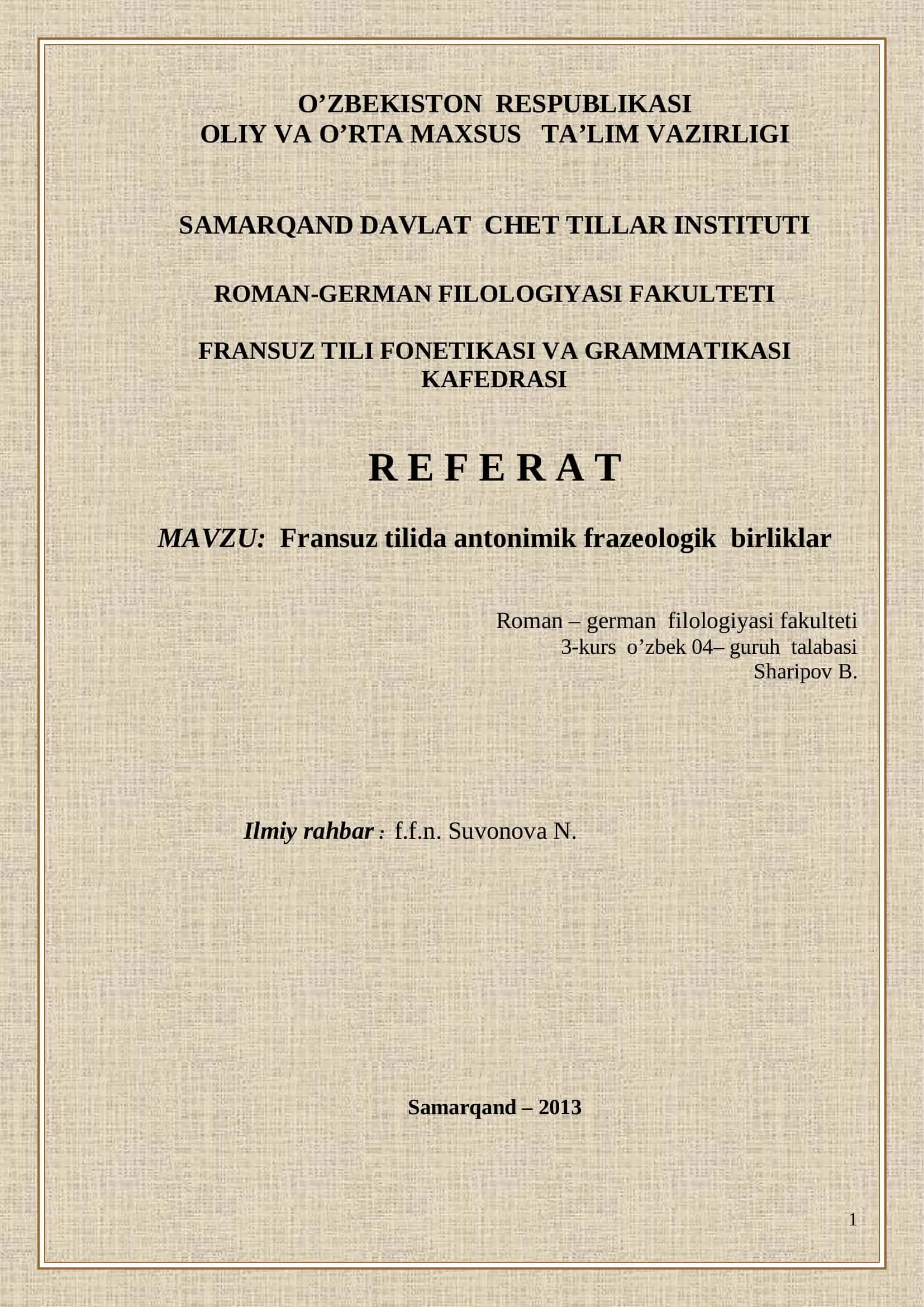 Fransuz tilida antonimik frazeologik birliklar