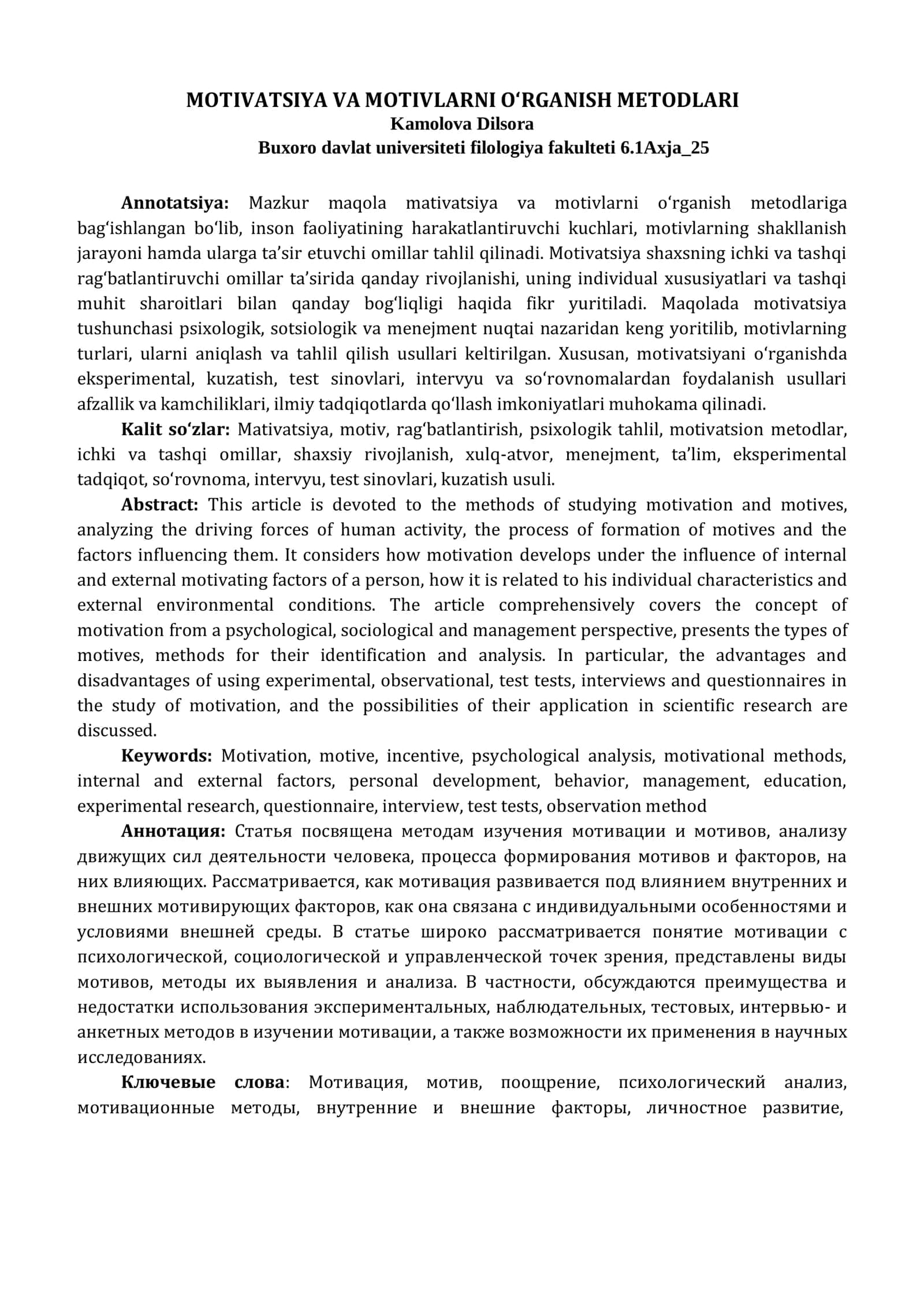 MOTIVATSIYA VA MOTIVLARNI O‘RGANISH METODLARI