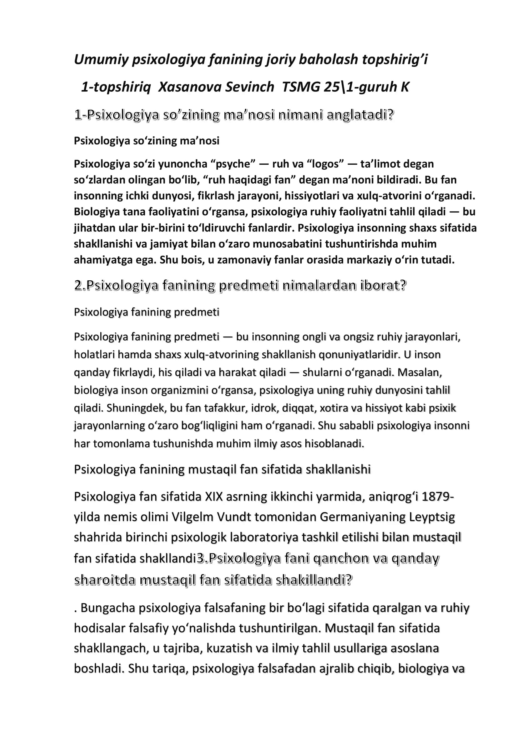 umumiy psixologiya boyicha savol javoblar