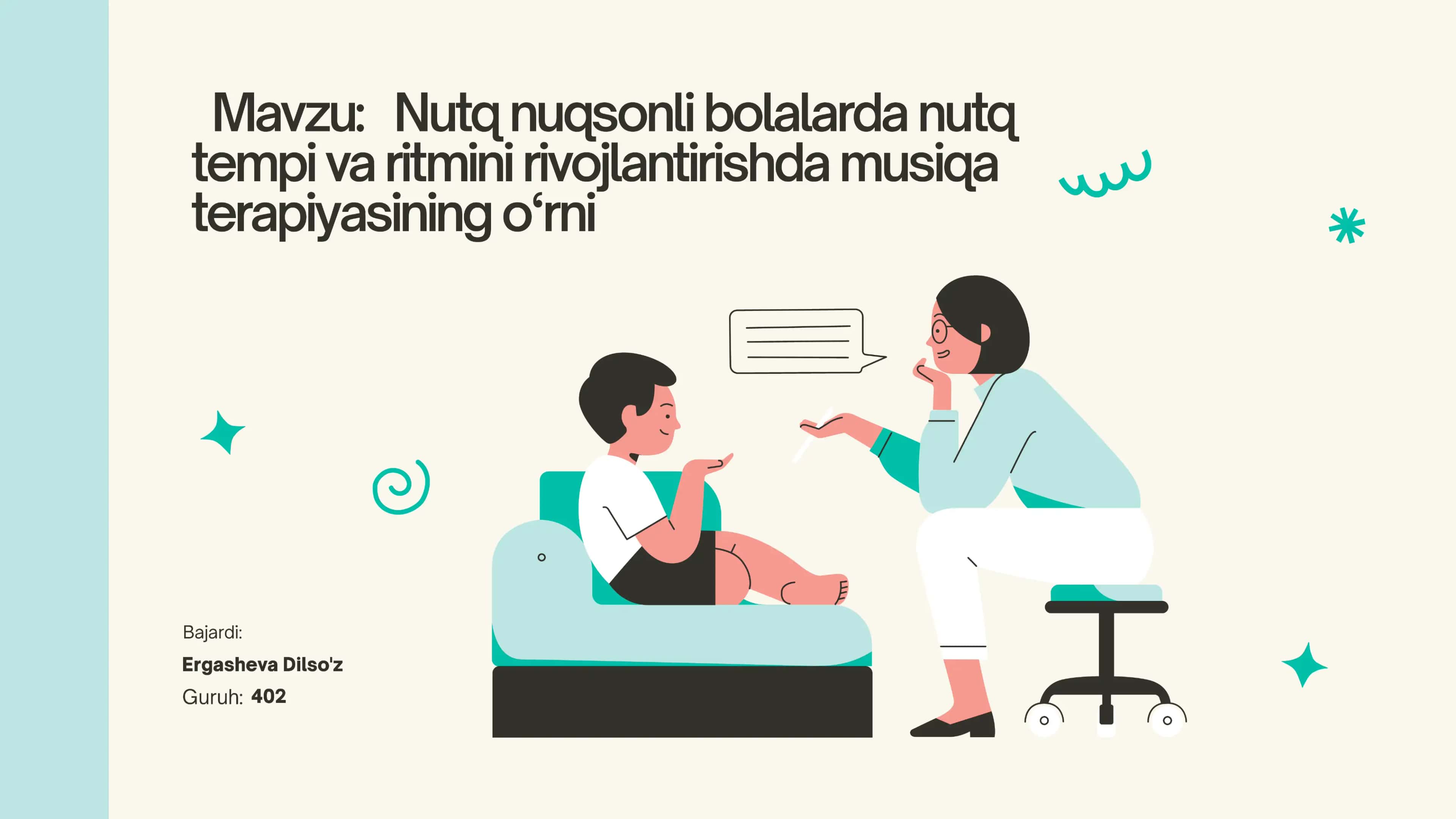 Nutq nuqsonli bolalarda nutq tempi va terapiyasining òrni musiqa ritmini rivojlantirishda