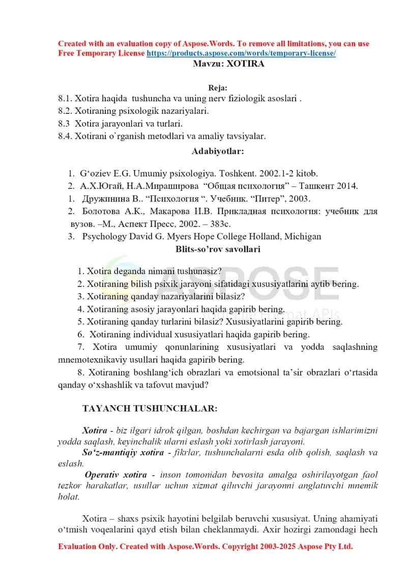 Xotira haqida tushuncha va uning nerv fiziologik asoslari