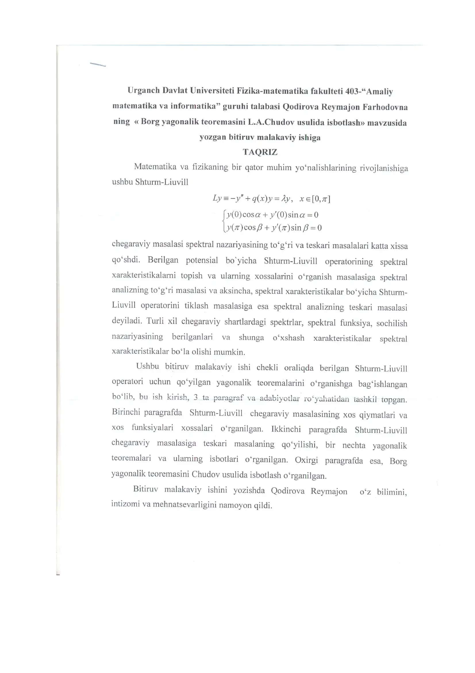 Borg yagonalik teoremasini L.A.Chudov usulida isbotlash