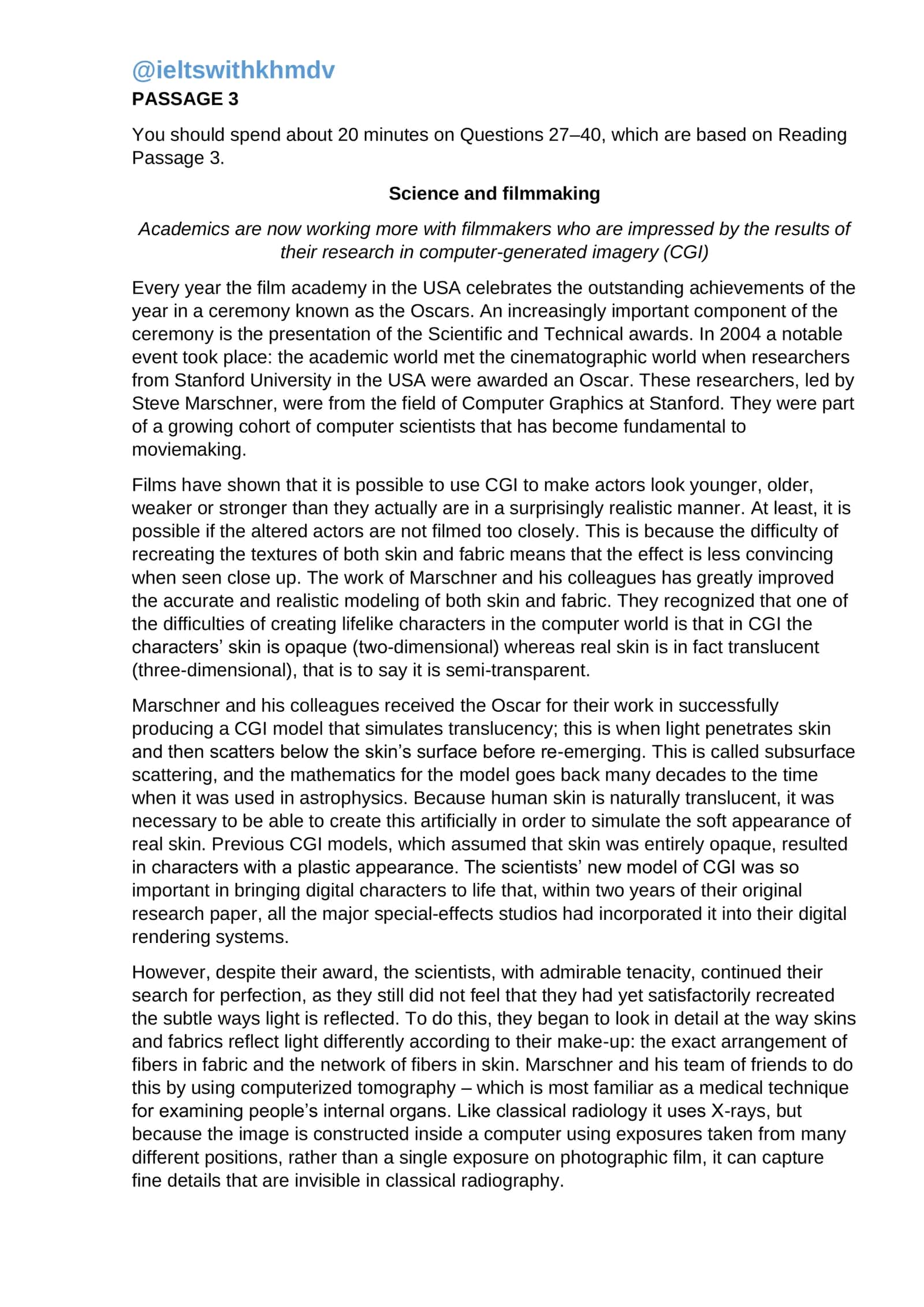 science and filmmaking reading test