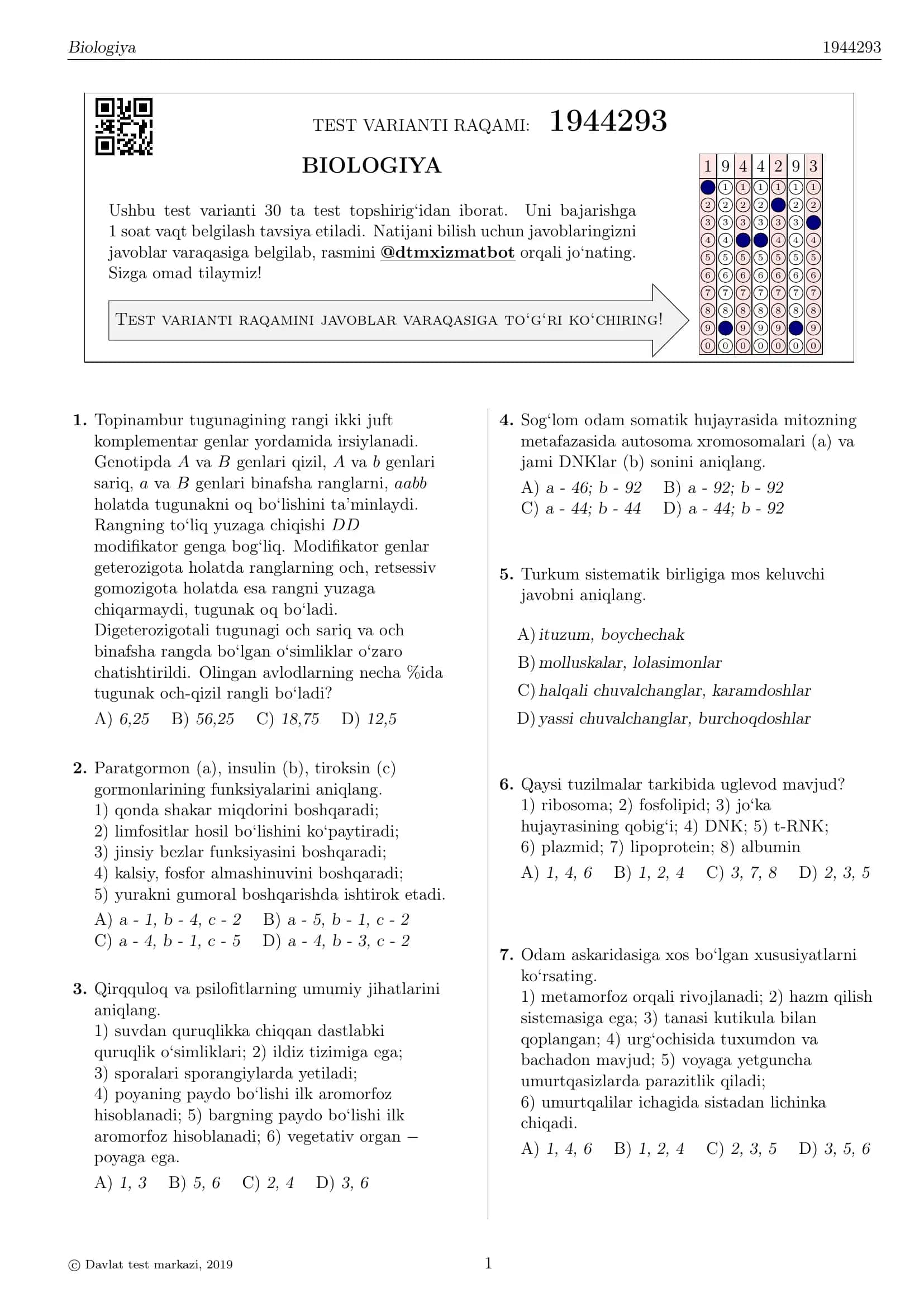 BIOLOGIYA TEST VARIANTI RAQAMI: 1944293