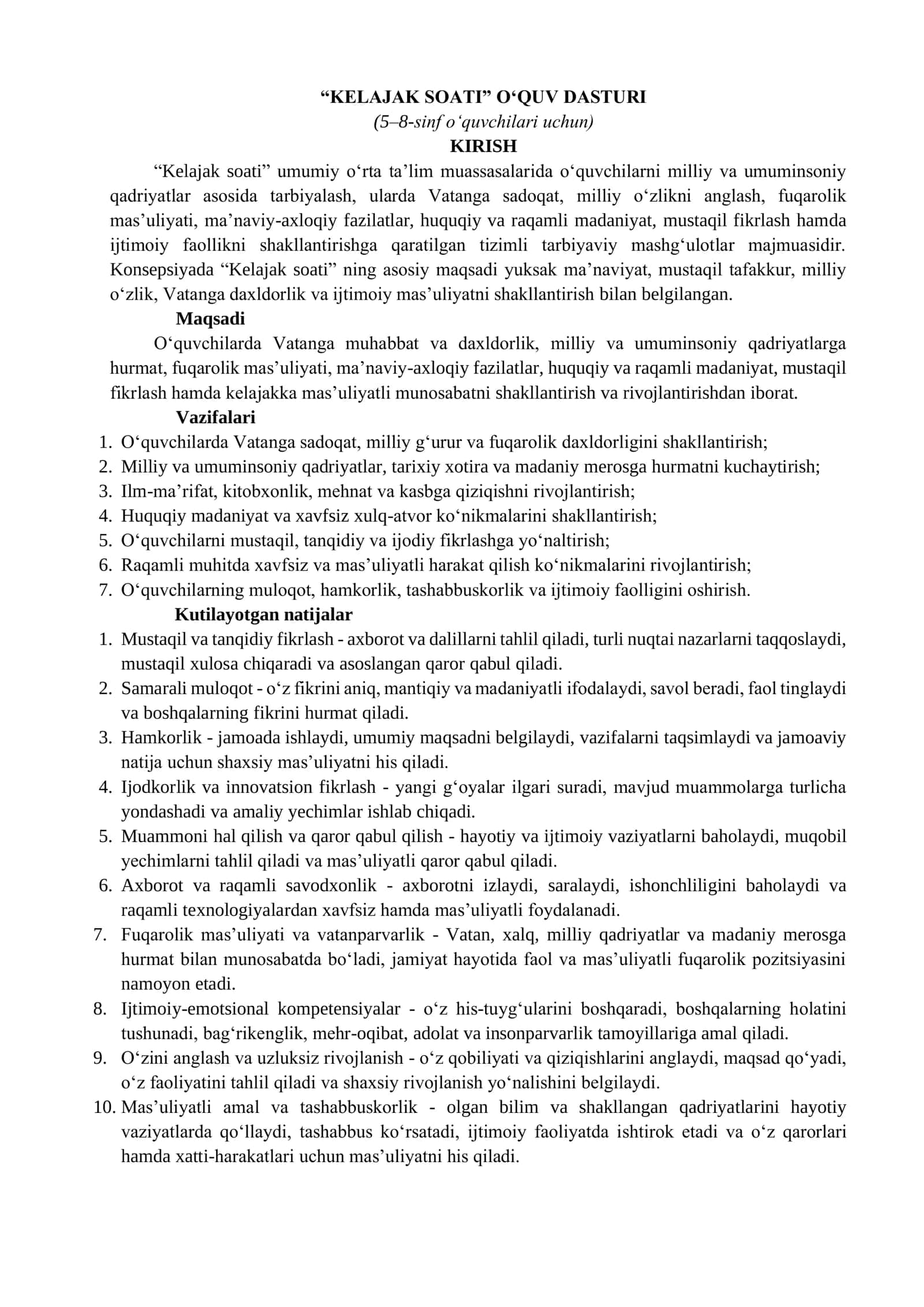 Kelajak Soati O‘quv Dasturi