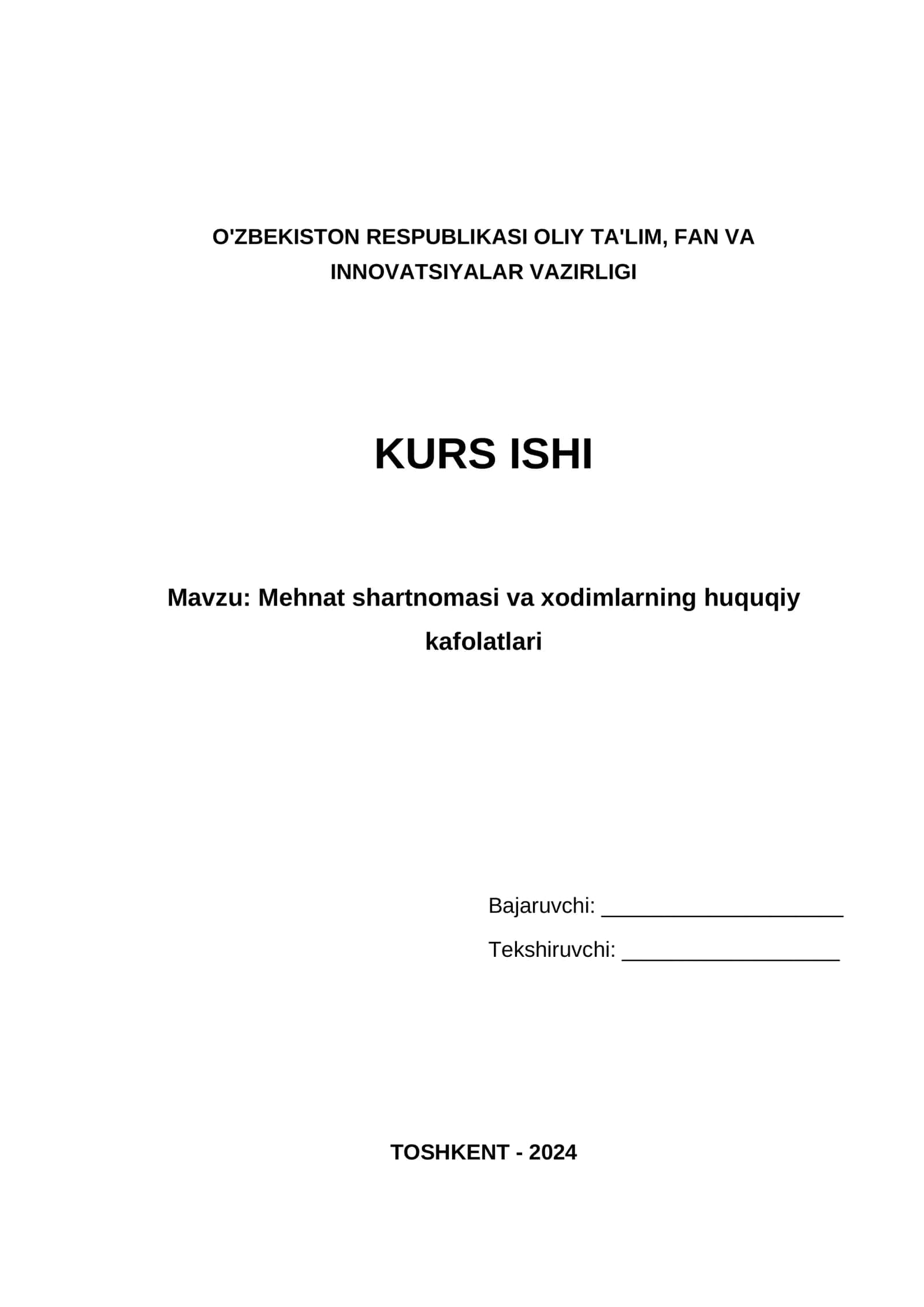 Mehnat shartnomasi va xodimlarning huquqiy kafolatlari