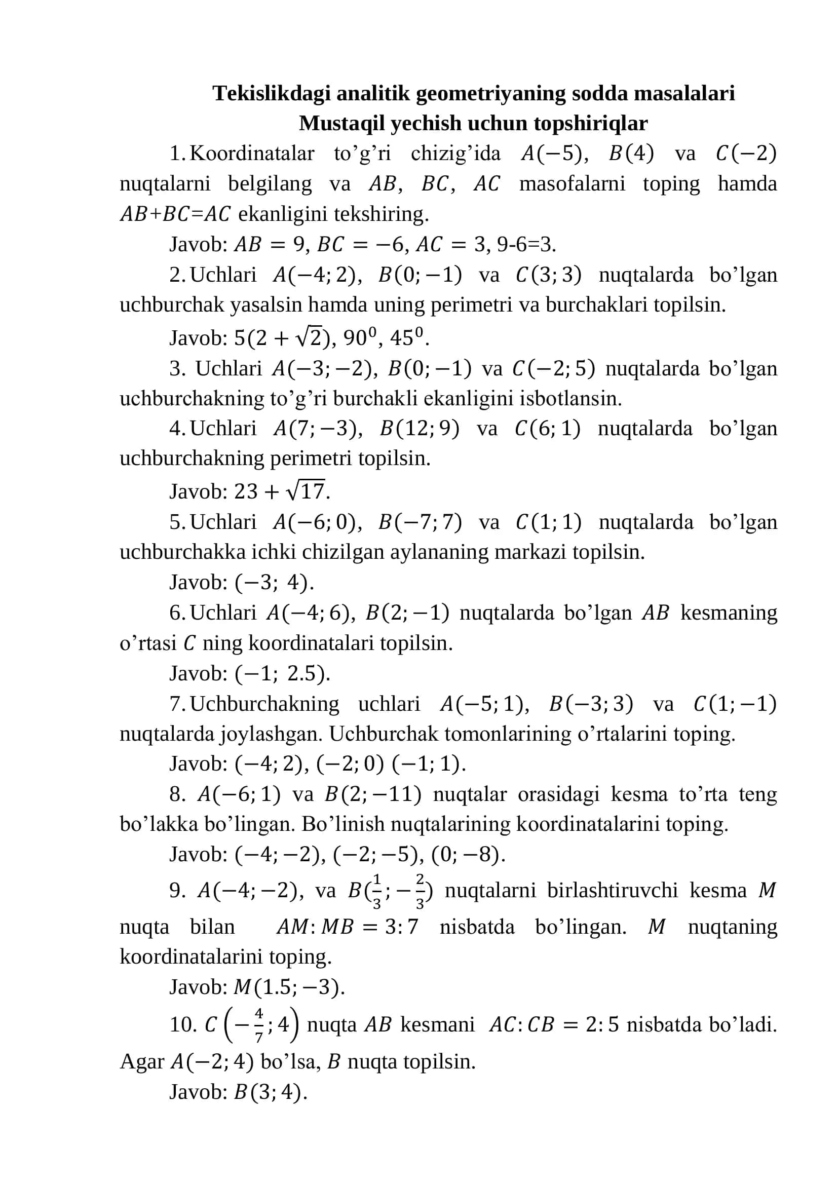 Tekislikdagi analitik geometriyaning sodda masalalari