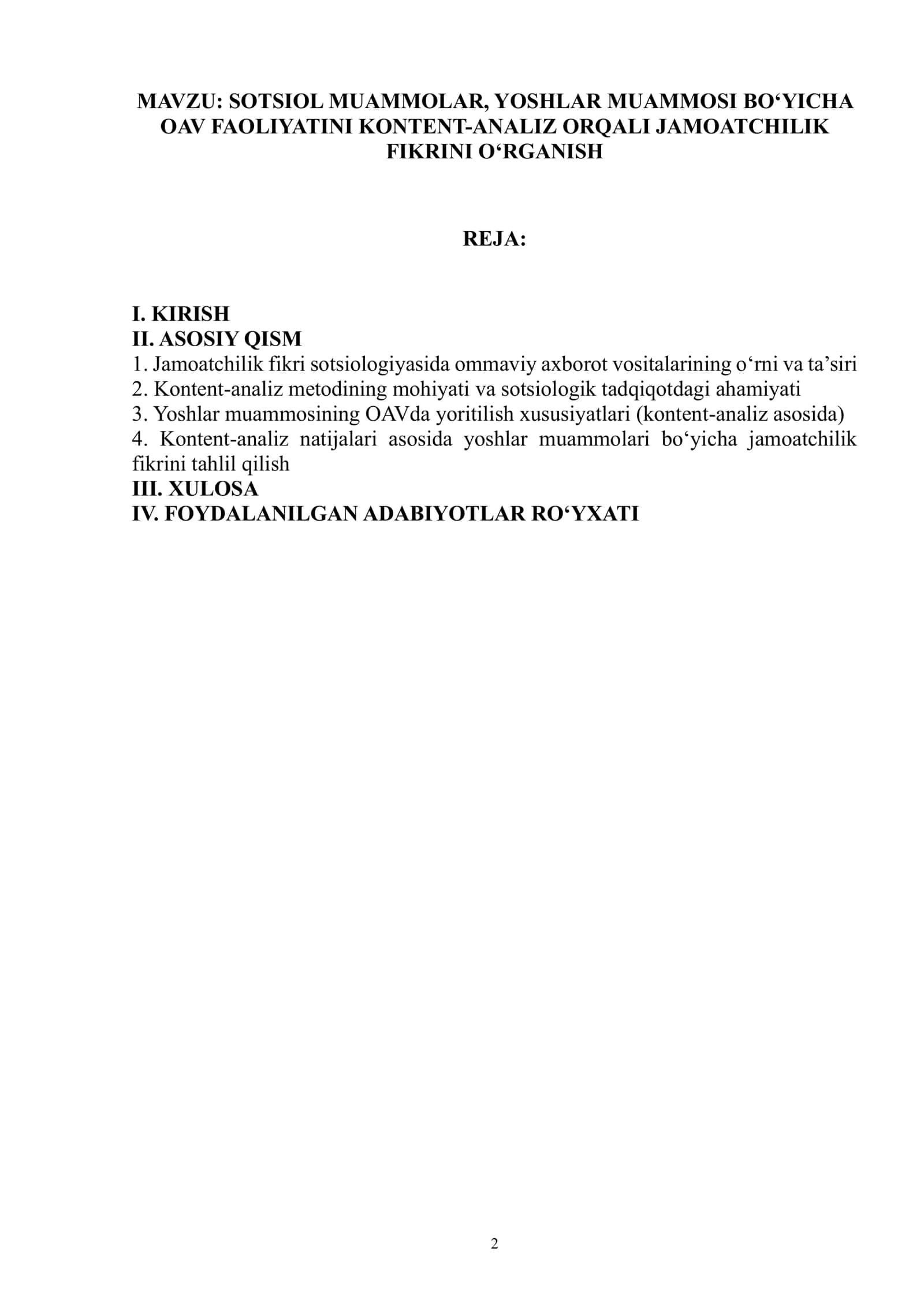 SOTSIOL MUAMMOLAR, YOSHLAR MUAMMOSI BO‘YICHA OAV FAOLIYATINI KONTENT-ANALIZ ORQALI JAMOATCHILIK FIKRINI O‘RGANISH