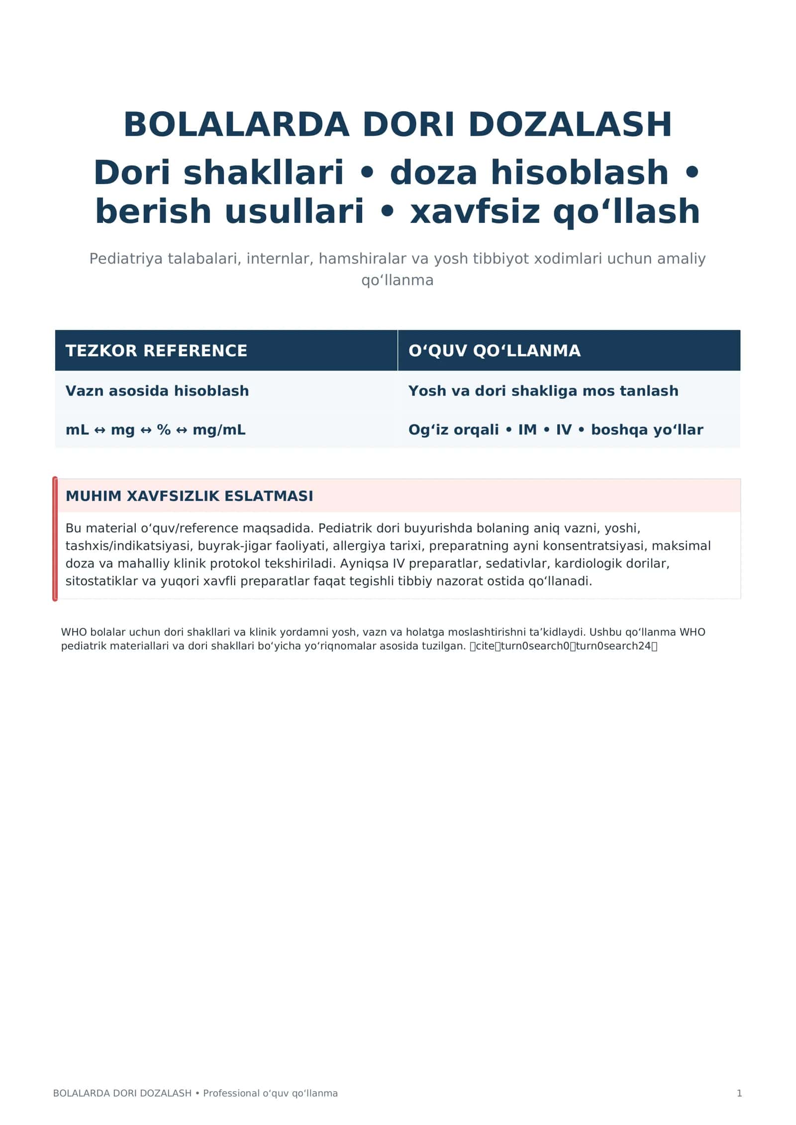 Bolalarda Dori Dozalash va Berish Usullari | Pediatriya Amaliy Qo‘llanma PDF