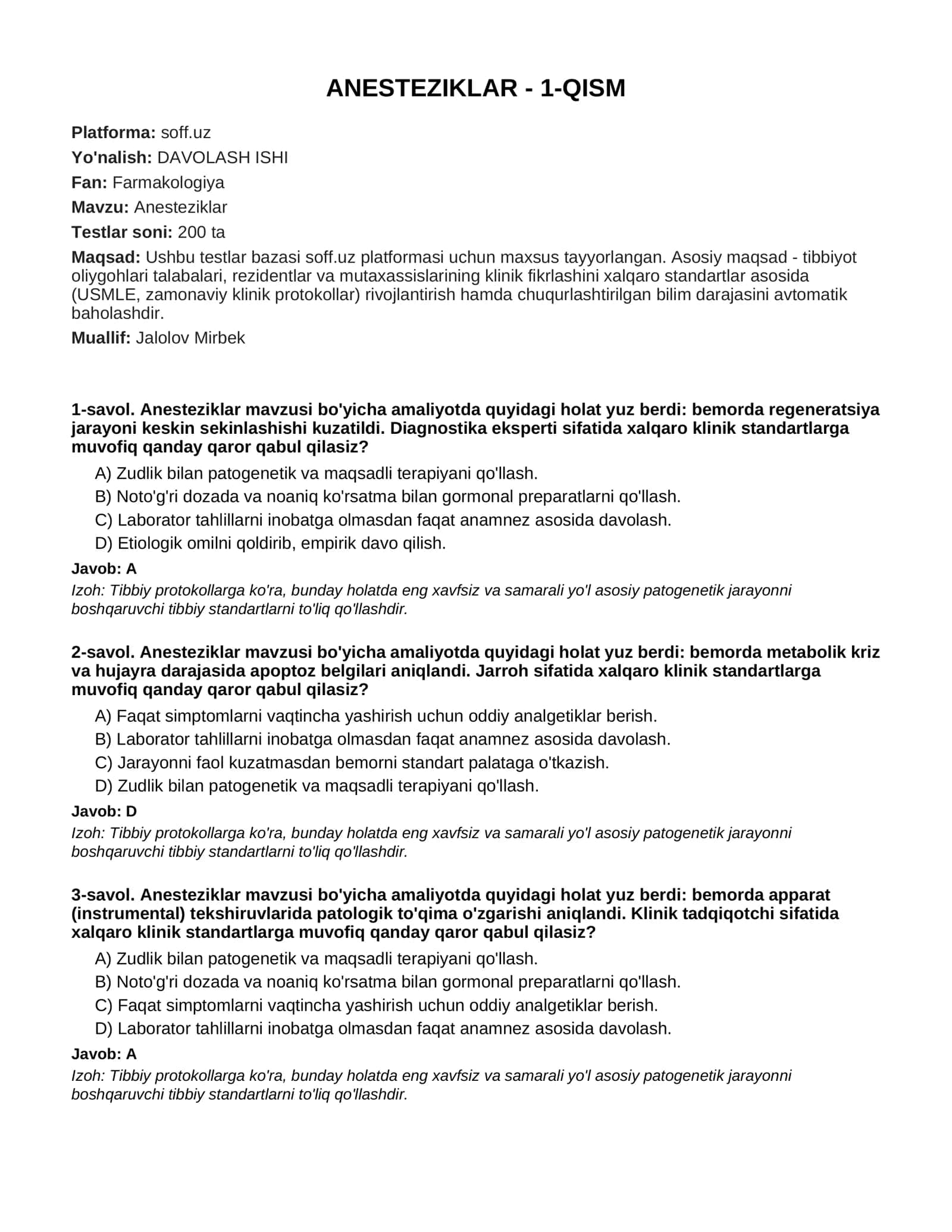 ANESTEZIKLAR - 1-QISM