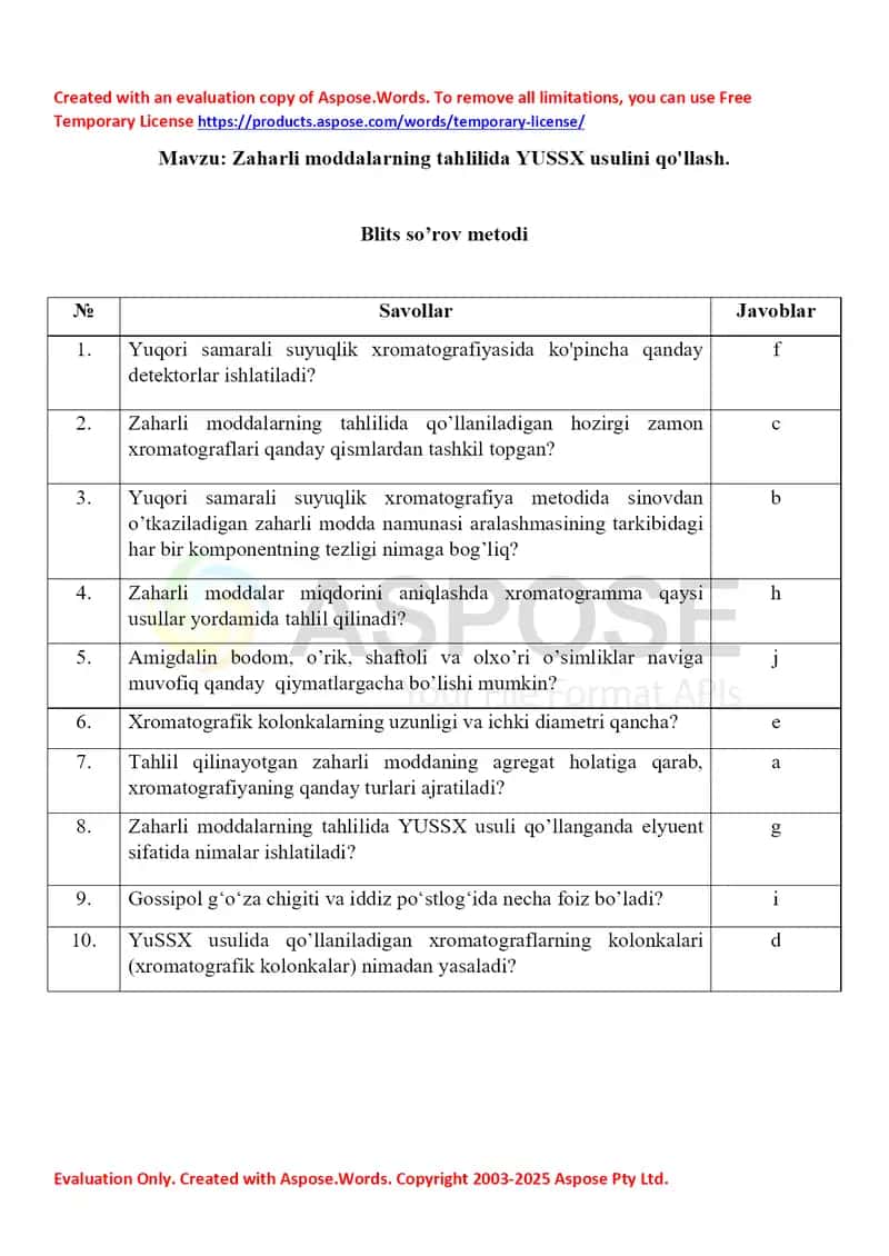 5. Zaharli moddalarning tahlilida YUSSX usulini qo'llash. Blits so’rov metodi.