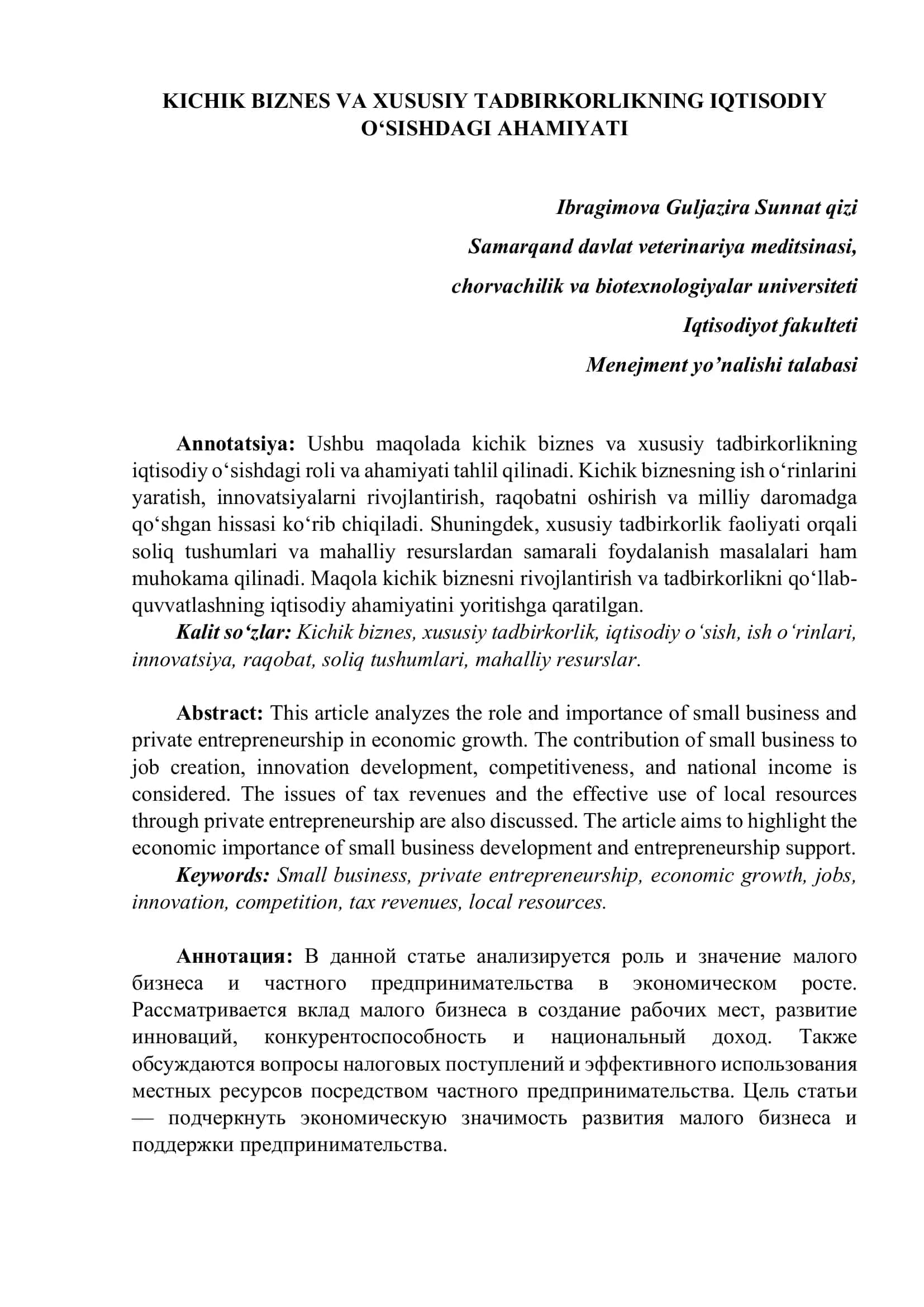 Kichik BIZNES VA XUSUSIY TADBIRKORLIKNING IQTISODIY O‘SISHDAGI AHAMIYATI