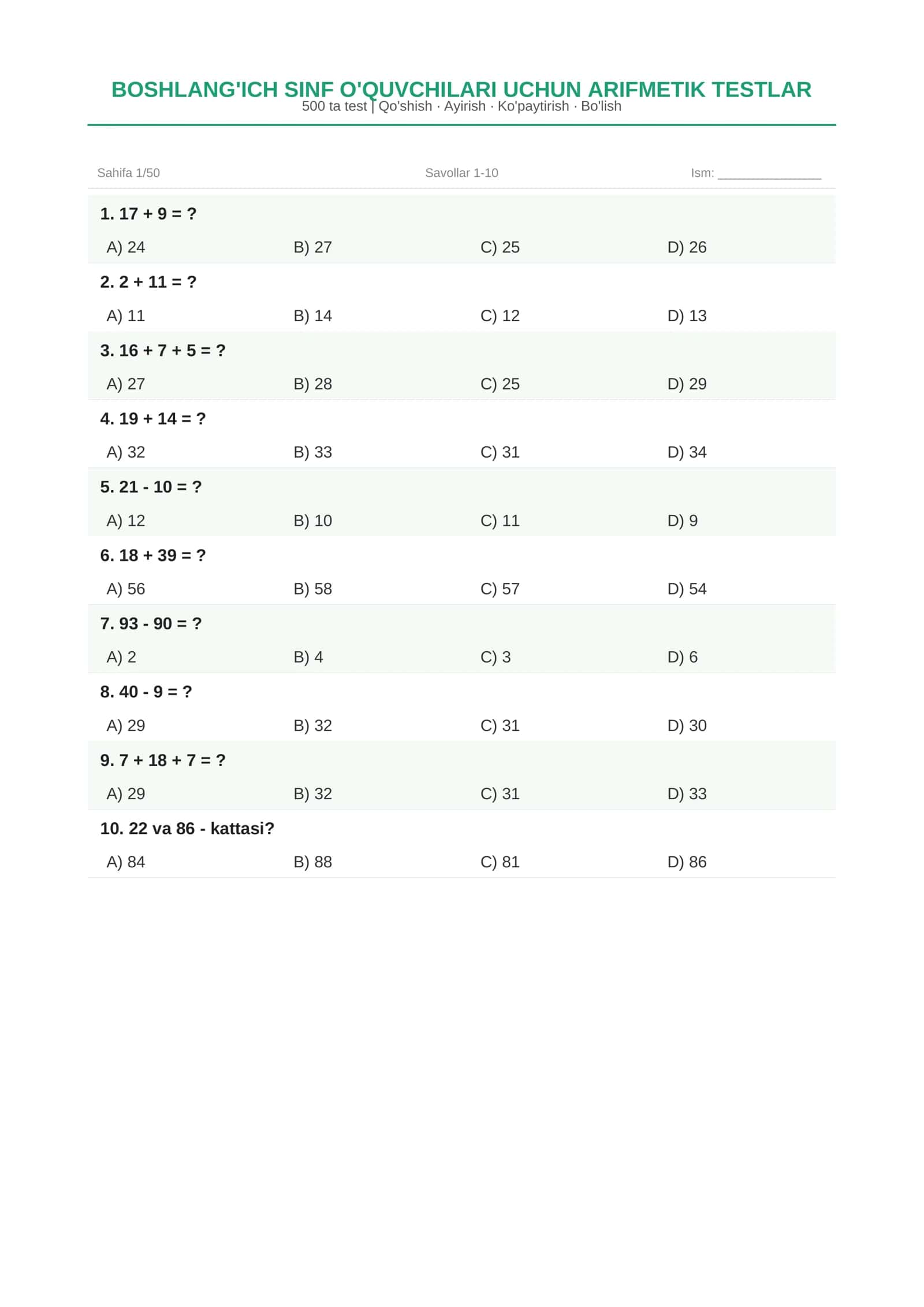 Boshlang'ich sinflar uchun matematikadan 500 ta test